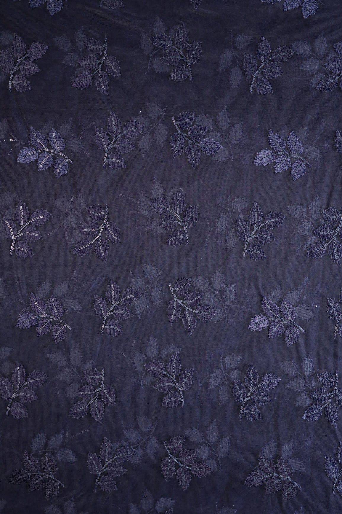 doeraa Embroidery Fabrics Navy Blue Thread With Sequins Leafy Embroidery Work On Navy Blue Soft Net Fabric