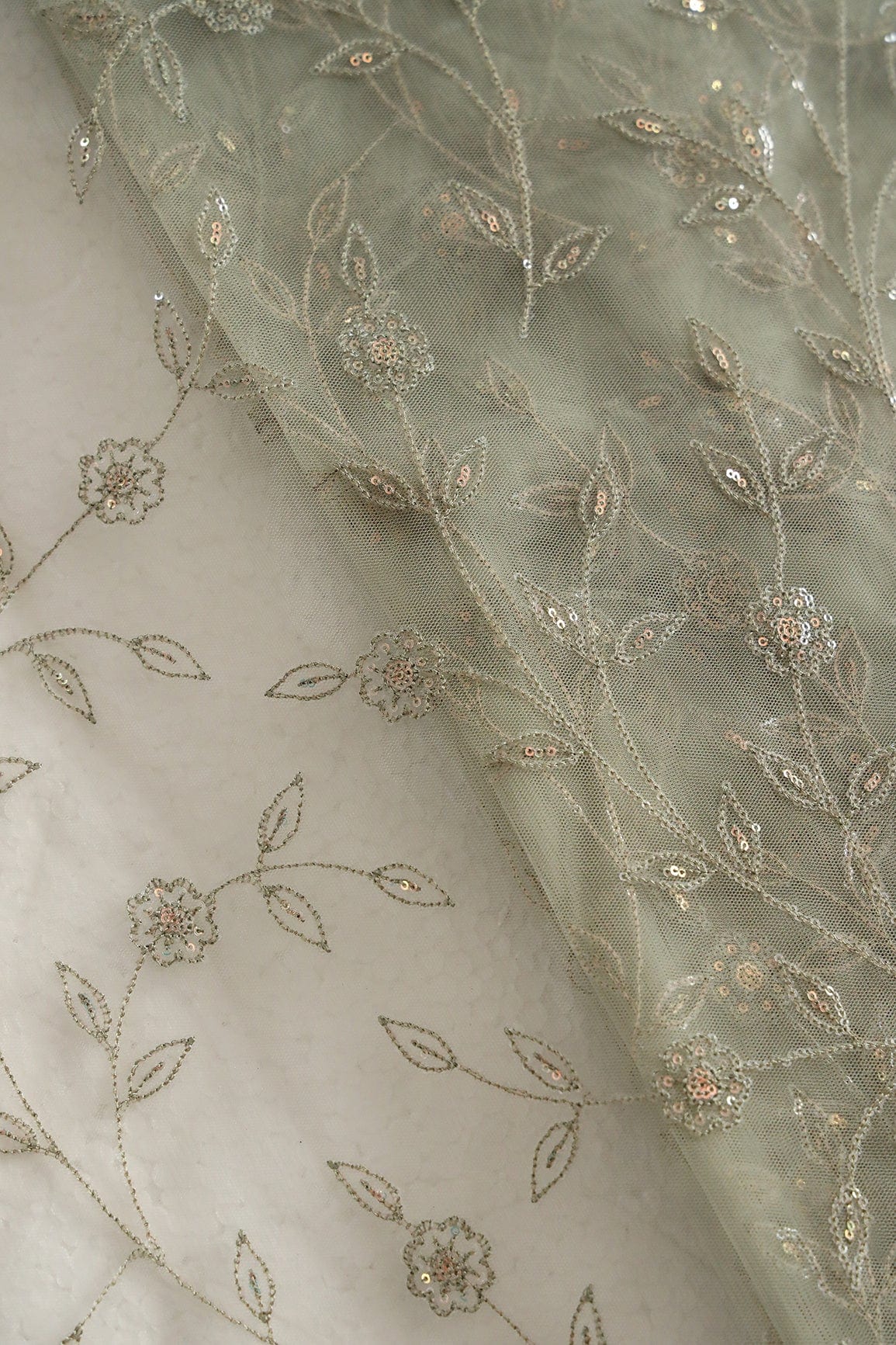 doeraa Embroidery Fabrics Olive Thread With Sequins Beautiful Leafy Floral Embroidery On Olive Soft Net Fabric