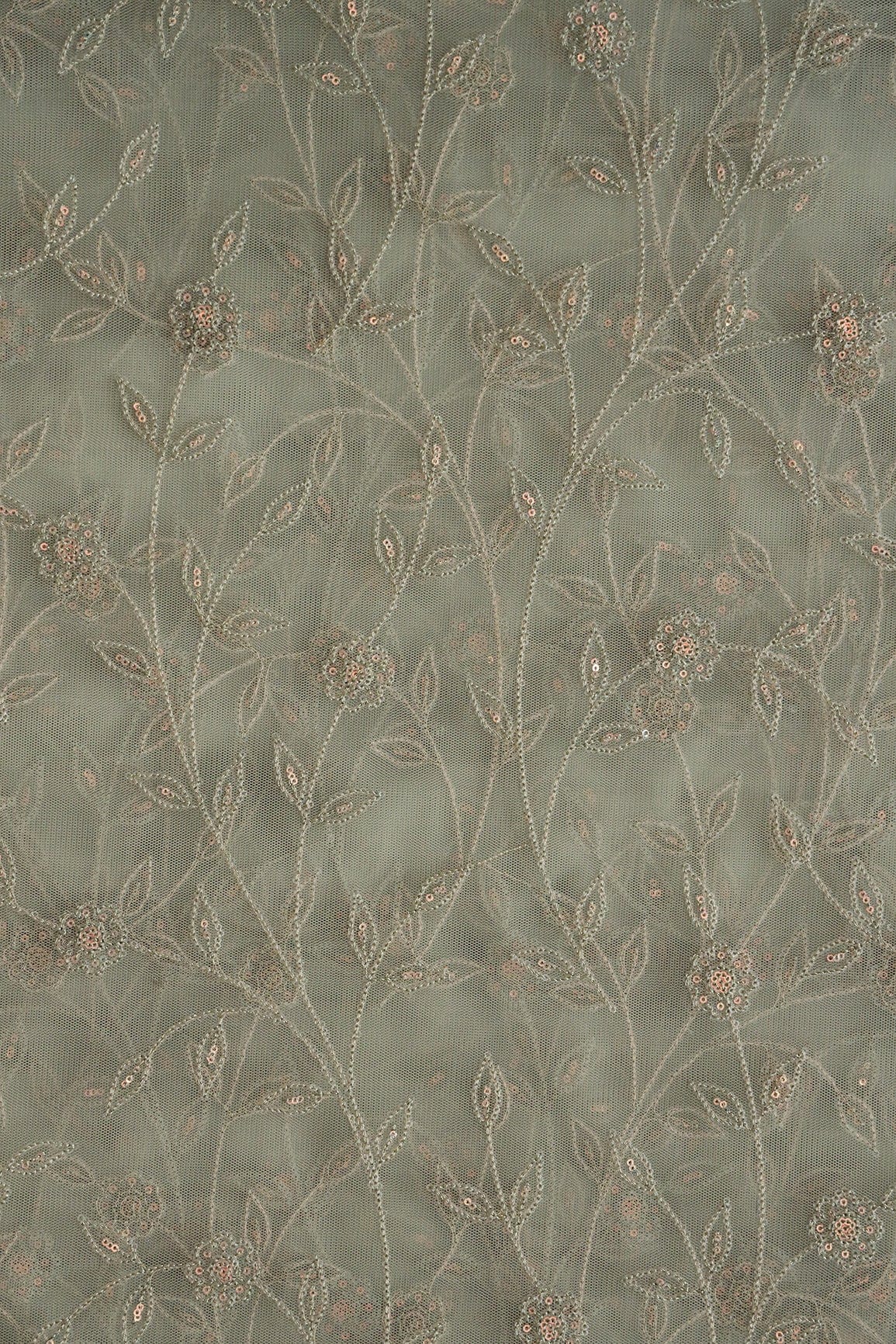 doeraa Embroidery Fabrics Olive Thread With Sequins Beautiful Leafy Floral Embroidery On Olive Soft Net Fabric