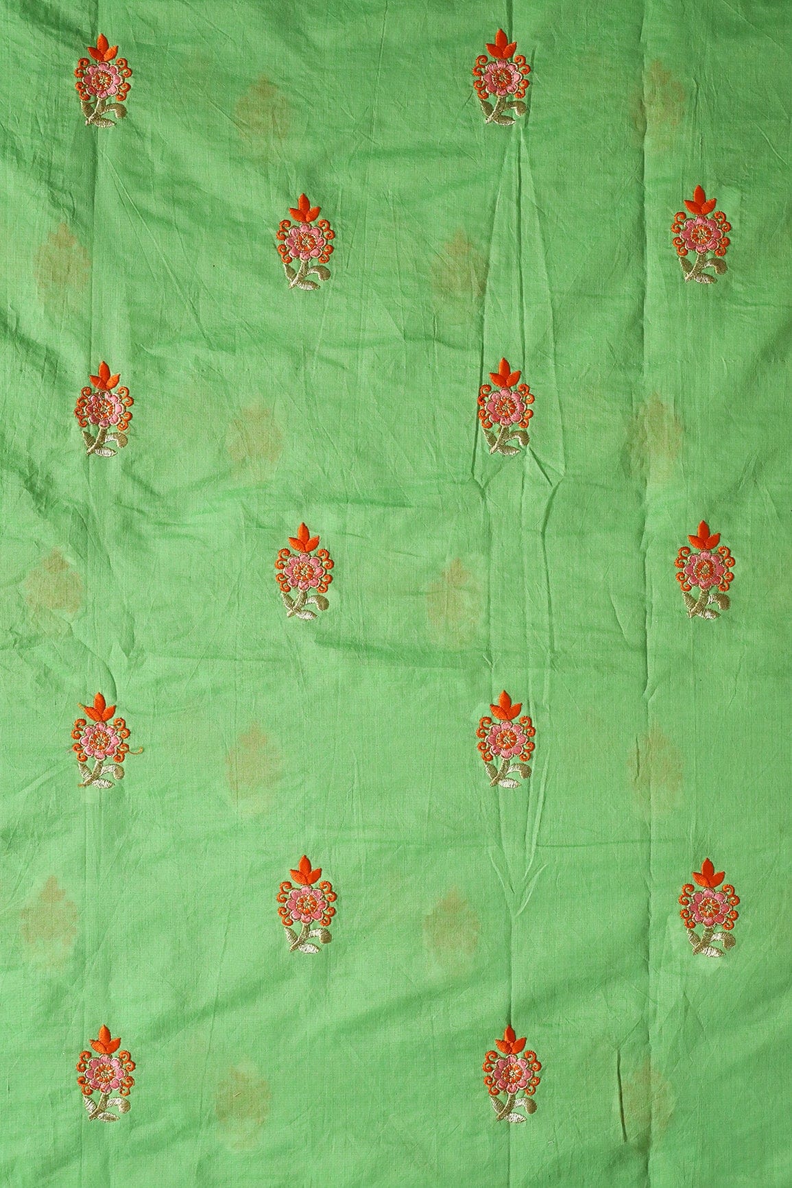 doeraa Embroidery Fabrics Orange And Pink Thread With Gold Zari Floral Embroidery On Green Chanderi Fabric
