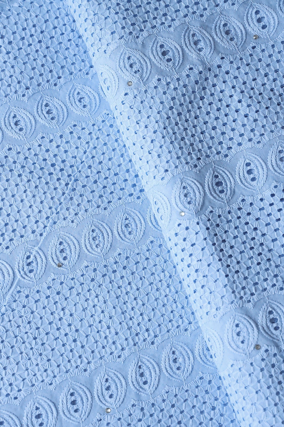 doeraa Embroidery Fabrics Pastel Blue Thread Geometric Pattern Schiffli Embroidery Work On Pastel Blue Pure Cotton Cambric  Fabric