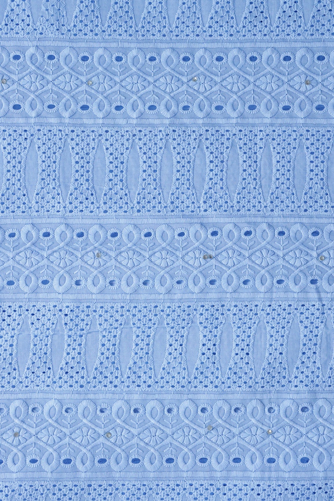 doeraa Embroidery Fabrics Pastel Blue Thread Geometric Pattern Schiffli Embroidery Work On Pastel Blue Pure Cotton Cambric Fabric