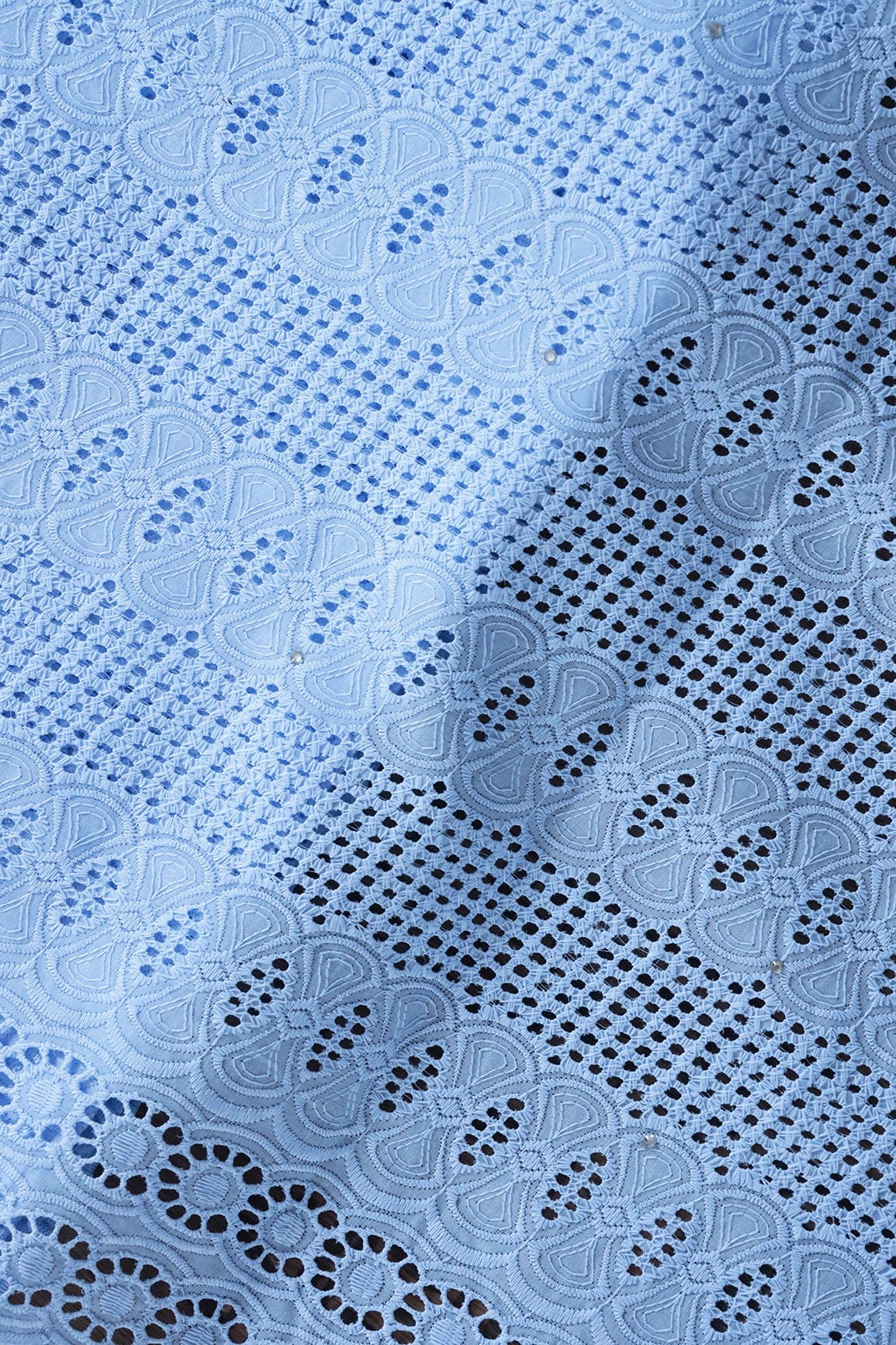 doeraa Embroidery Fabrics Pastel Blue Thread Geometric Pattern Schiffli Embroidery Work On Pastel Blue Pure Cotton Cambric Fabric