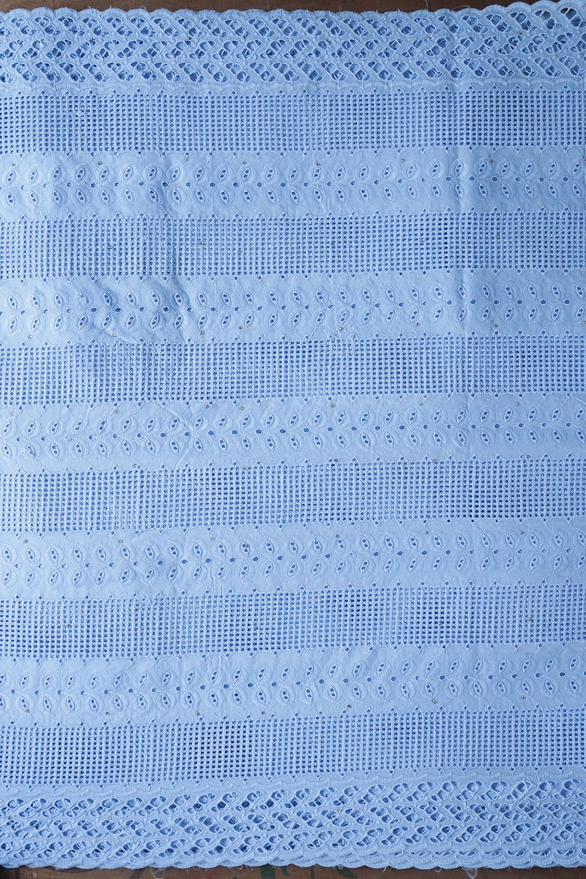 doeraa Embroidery Fabrics Pastel Blue Thread Leafy Pattern Schiffli Embroidery Work On Pastel Blue Pure Cotton Cambric Fabric