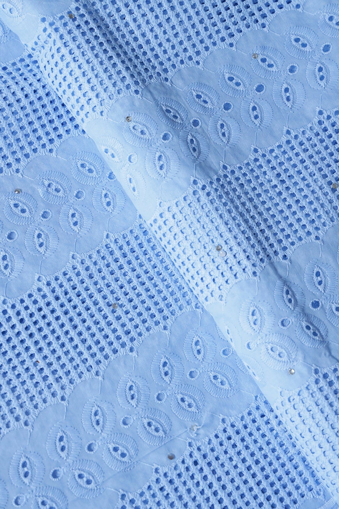 doeraa Embroidery Fabrics Pastel Blue Thread Leafy Pattern Schiffli Embroidery Work On Pastel Blue Pure Cotton Cambric Fabric