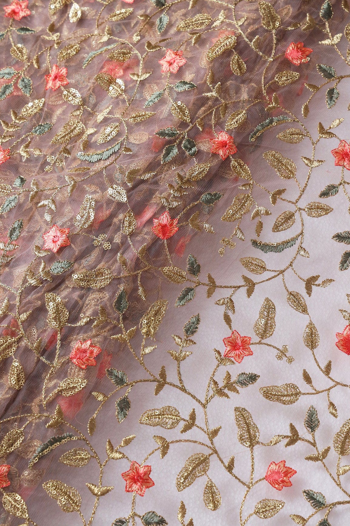doeraa Embroidery Fabrics Peach And Beige Thread With Gold Sequins Floral Heavy Embroidery Work On Mauve Soft Net Fabric