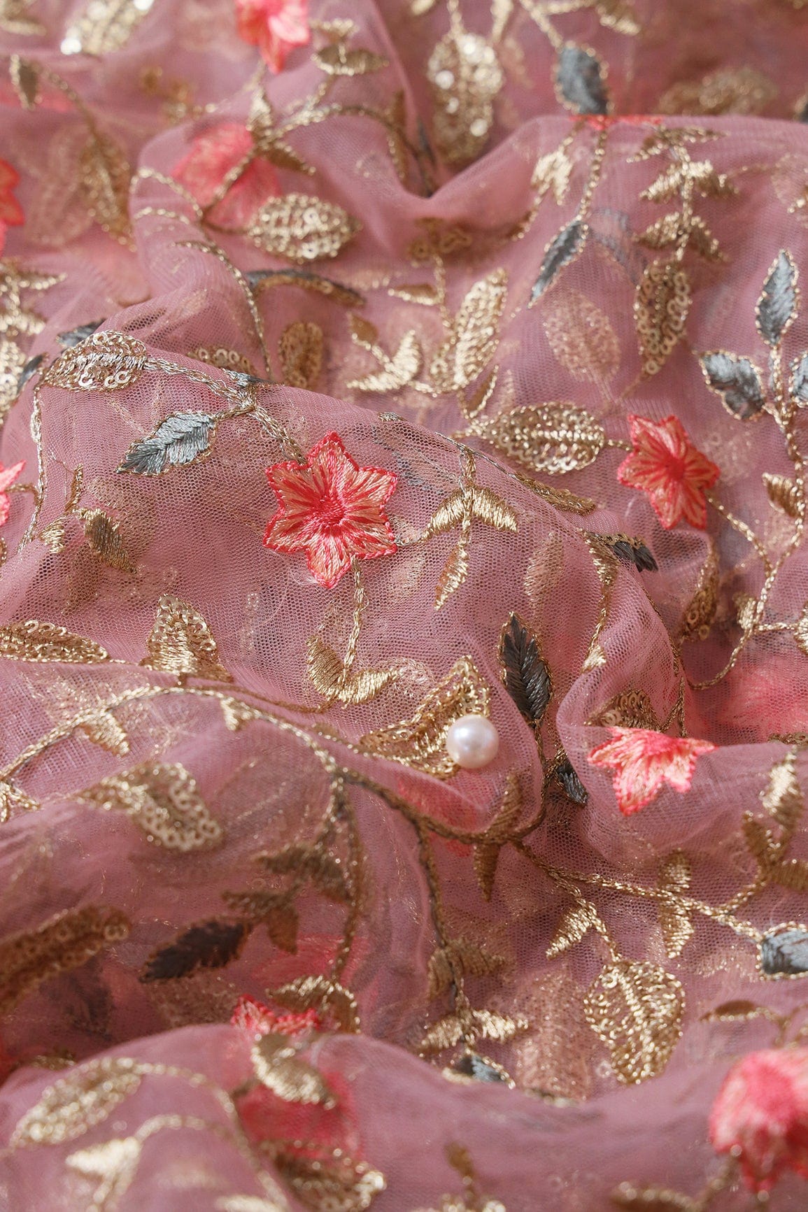 doeraa Embroidery Fabrics Peach And Beige Thread With Gold Sequins Floral Heavy Embroidery Work On Pink Soft Net Fabric