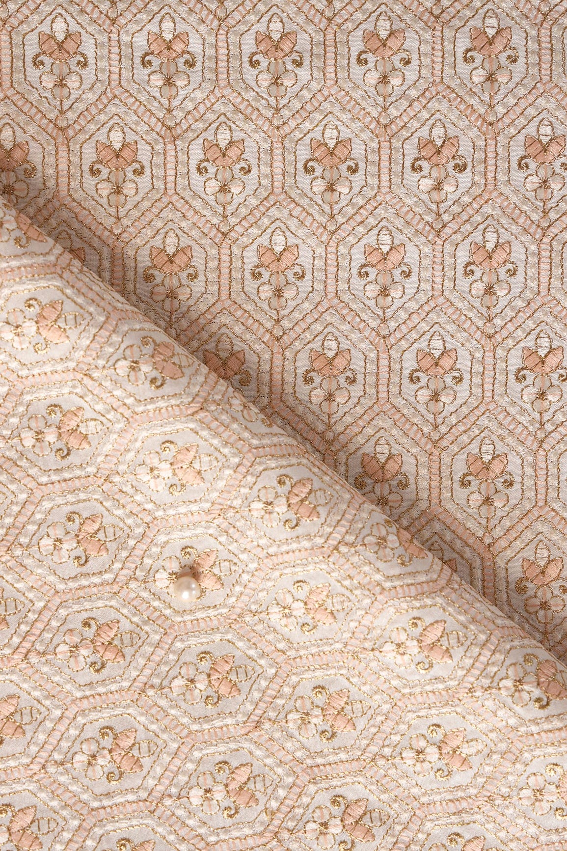 doeraa Embroidery Fabrics Peach And Cream Thread Trellis Heavy Embroidery On Off White Raw Silk Fabric