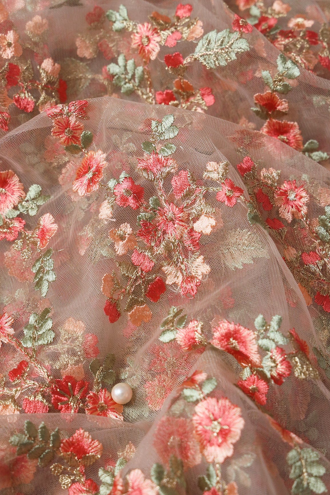 doeraa Embroidery Fabrics Peach And Olive Thread With Gold Zari Heavy Floral Embroidery Work On Beige Soft Net Fabric