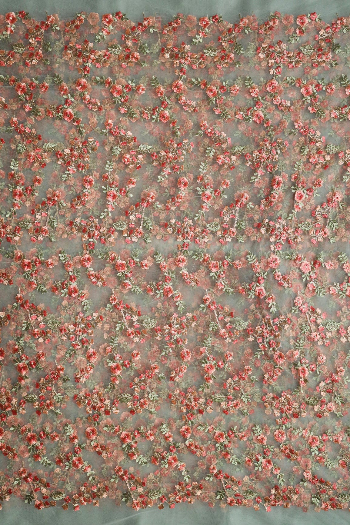 doeraa Embroidery Fabrics Peach And Olive Thread With Gold Zari Heavy Floral Embroidery Work On Olive Soft Net Fabric