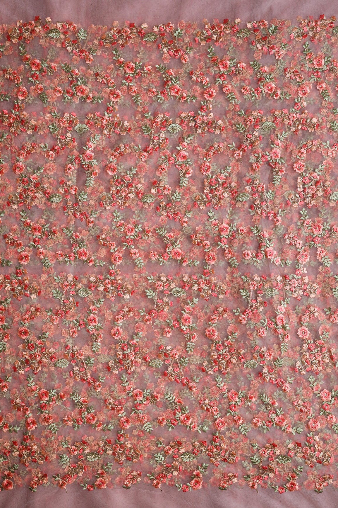 doeraa Embroidery Fabrics Peach And Olive Thread With Gold Zari Heavy Floral Embroidery Work On Pink Soft Net Fabric