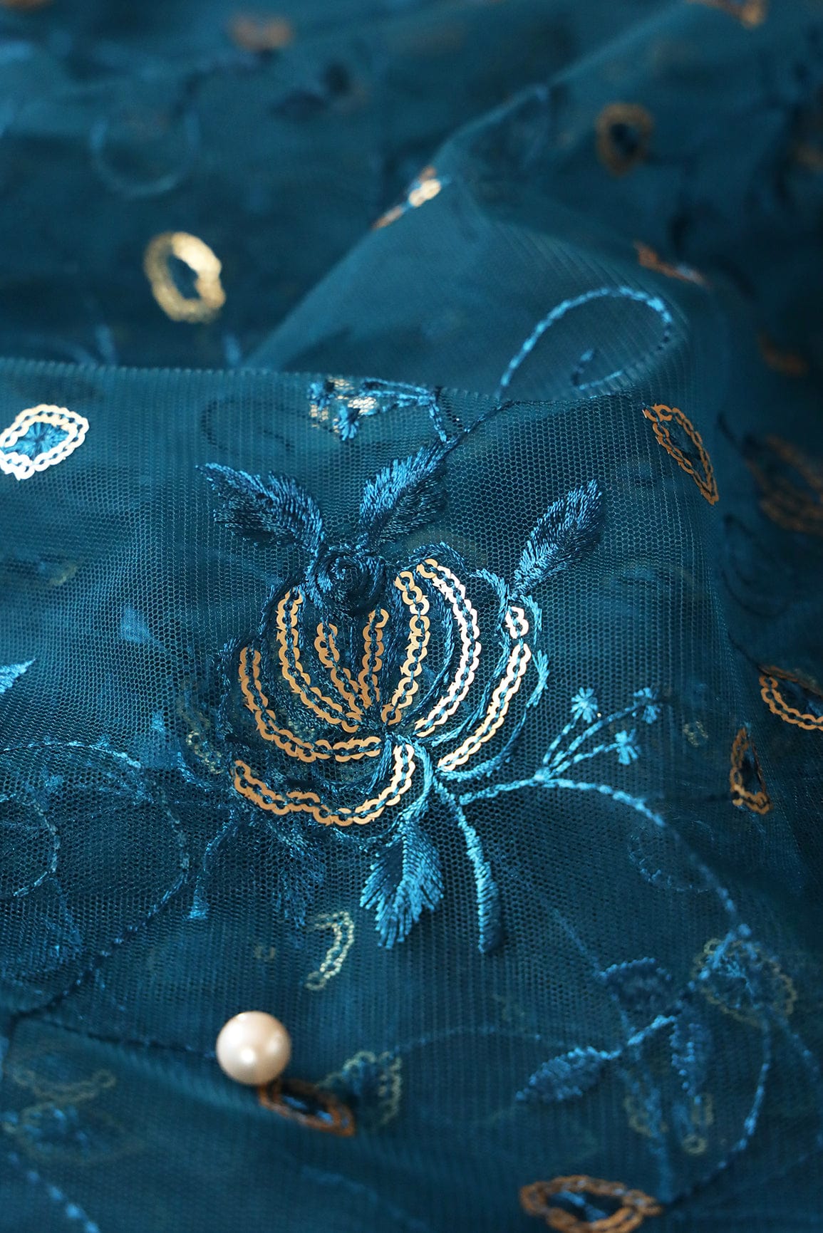 doeraa Embroidery Fabrics Peacock Blue Thread With Gold Sequins Floral Embroidery Work On Peacock Blue Soft Net Fabric