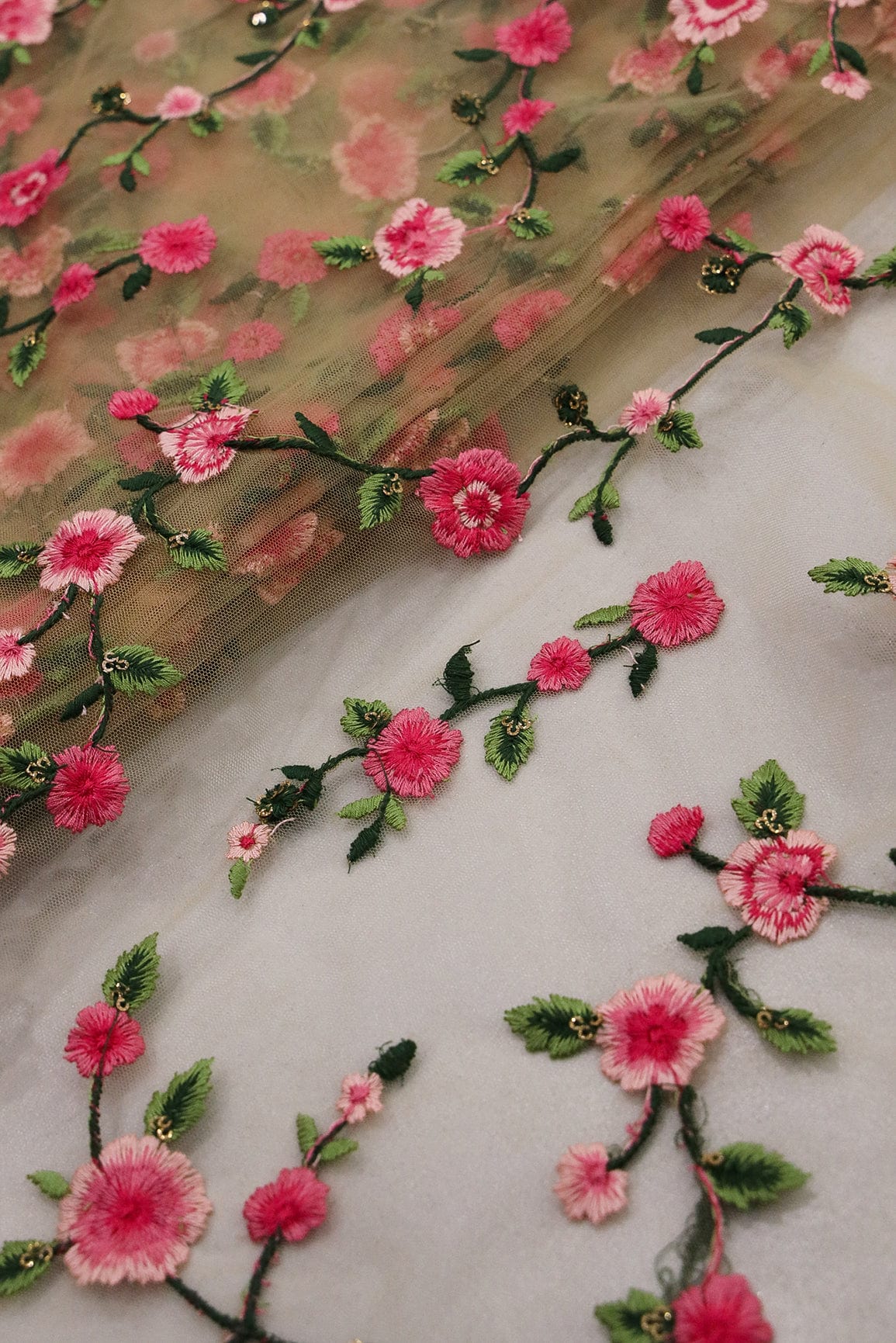 doeraa Embroidery Fabrics Pink and Green Floral Embroidery on Beige Soft Net Fabric
