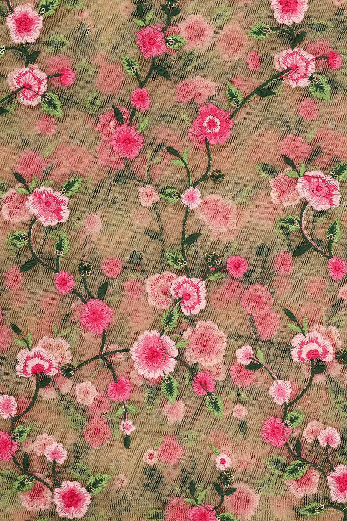doeraa Embroidery Fabrics Pink and Green Floral Embroidery on Beige Soft Net Fabric