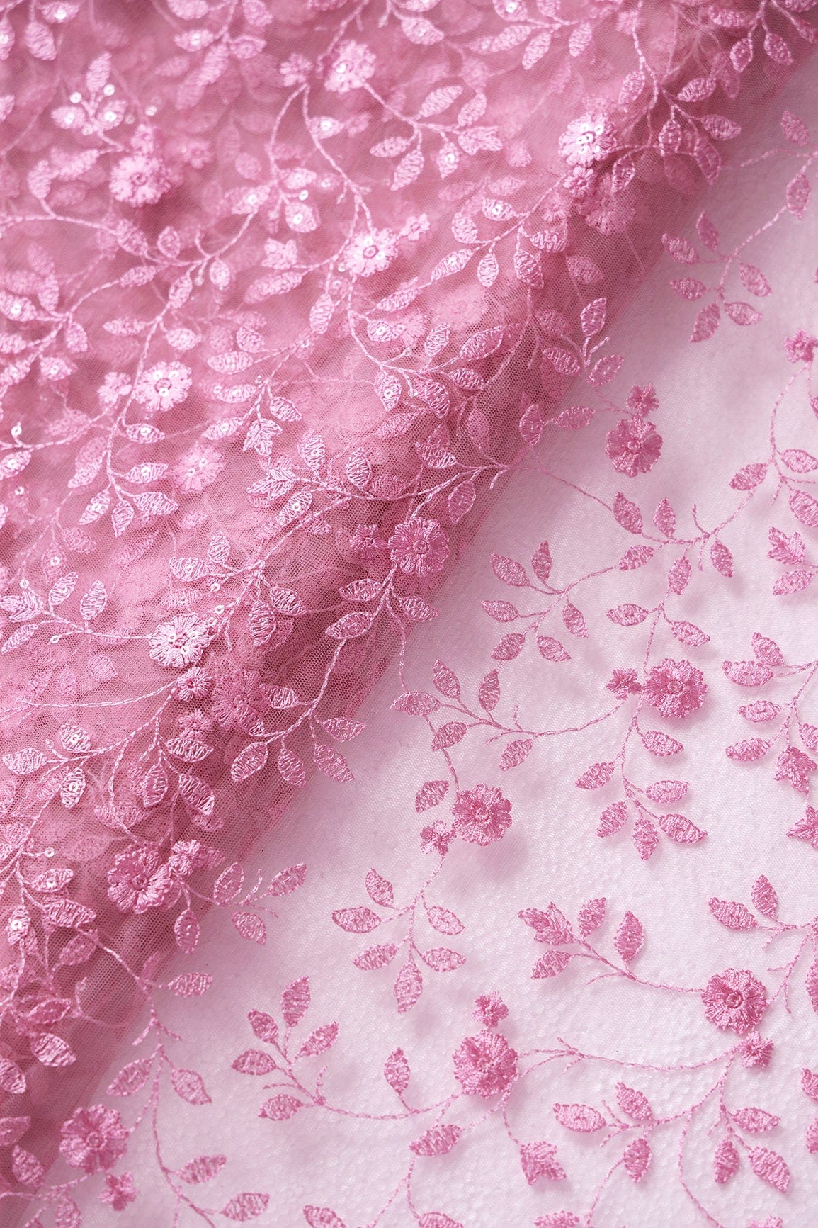 doeraa Embroidery Fabrics Pink Thread And Sequins Floral Heavy Embroidery Work On Pink Soft Net Fabric