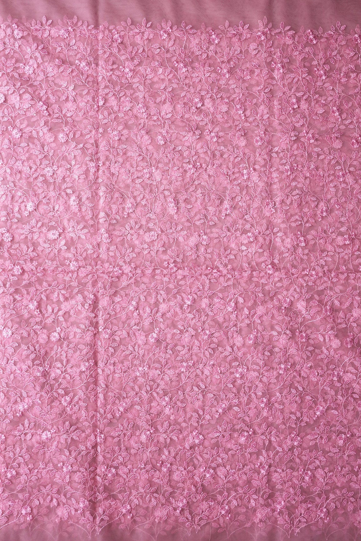 doeraa Embroidery Fabrics Pink Thread And Sequins Floral Heavy Embroidery Work On Pink Soft Net Fabric