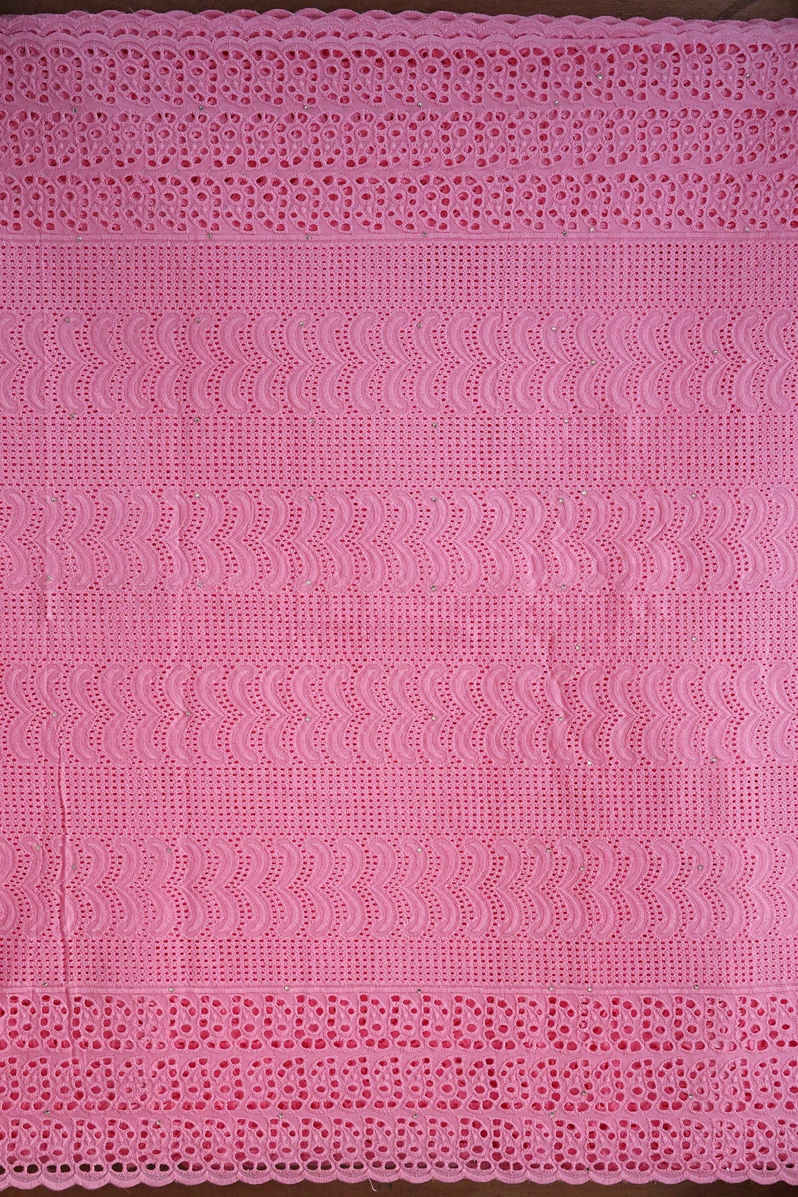 doeraa Embroidery Fabrics Pink Thread Geometric Pattern Schiffli Embroidery Work On Pink Pure Cotton Cambric Fabric