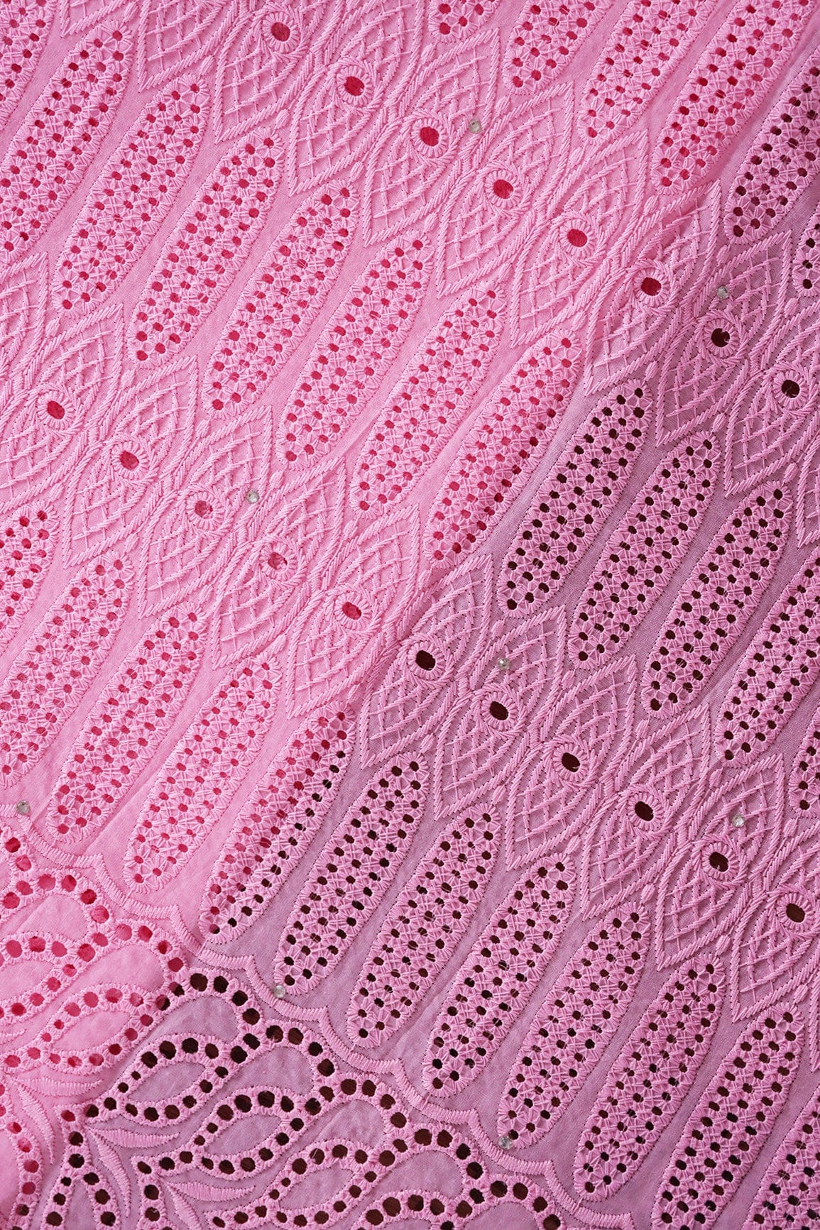 doeraa Embroidery Fabrics Pink Thread Geometric Pattern Schiffli Embroidery Work On Pink Pure Cotton Cambric Fabric