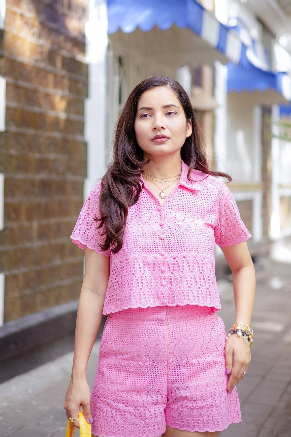 doeraa Embroidery Fabrics Pink Thread Geometric Pattern Schiffli Embroidery Work On Pink Pure Cotton Cambric Fabric