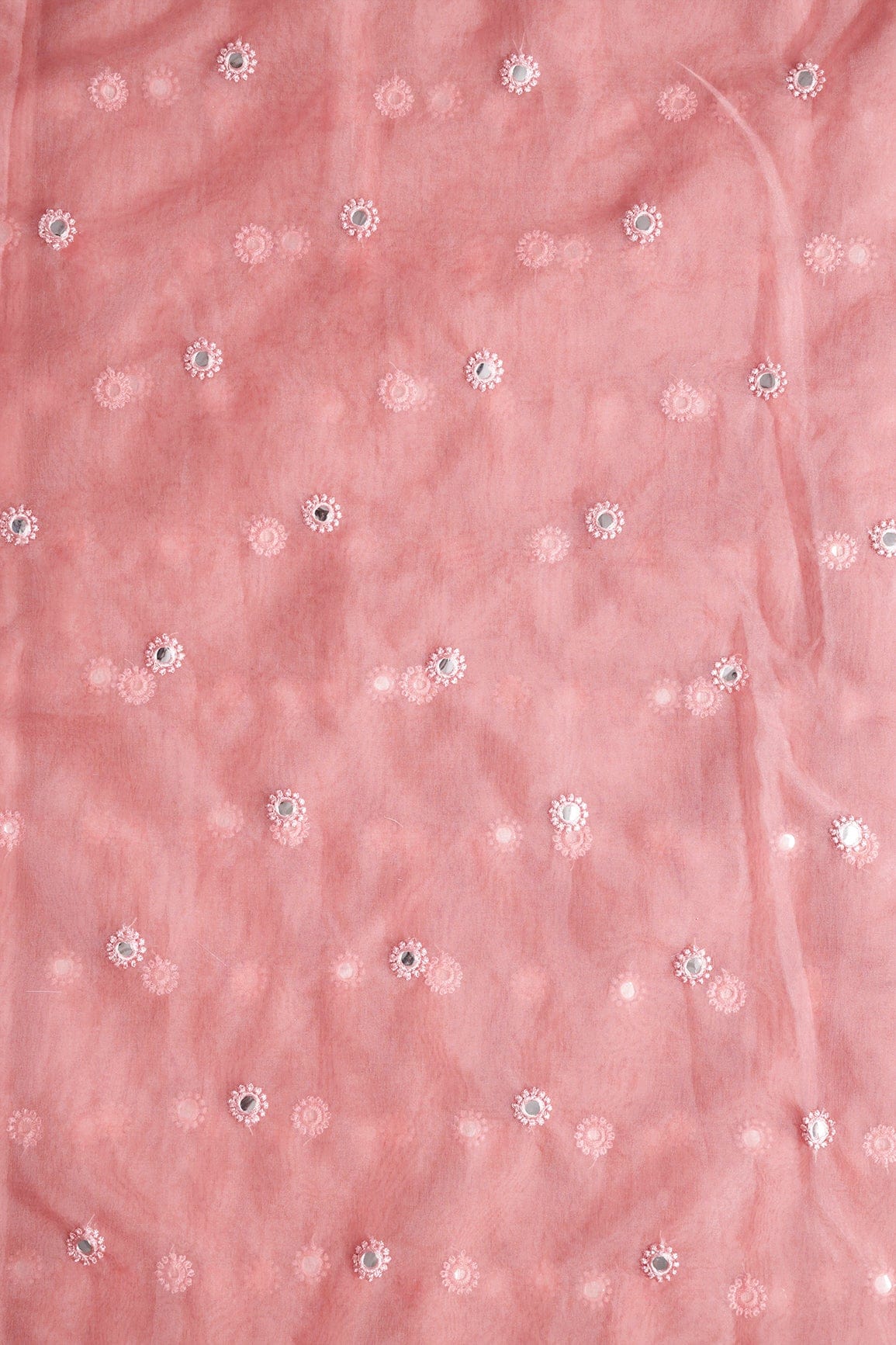 doeraa Embroidery Fabrics Pink Thread With Foil Mirror Work Small Motif Embroidery On Coral Pink Organza Fabric