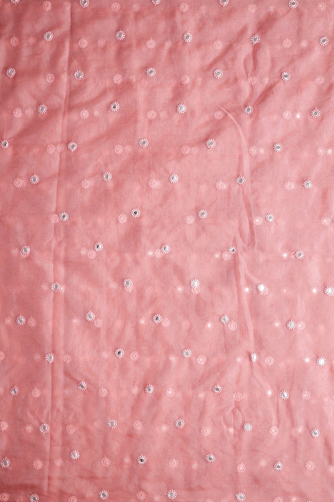 doeraa Embroidery Fabrics Pink Thread With Foil Mirror Work Small Motif Embroidery On Coral Pink Organza Fabric