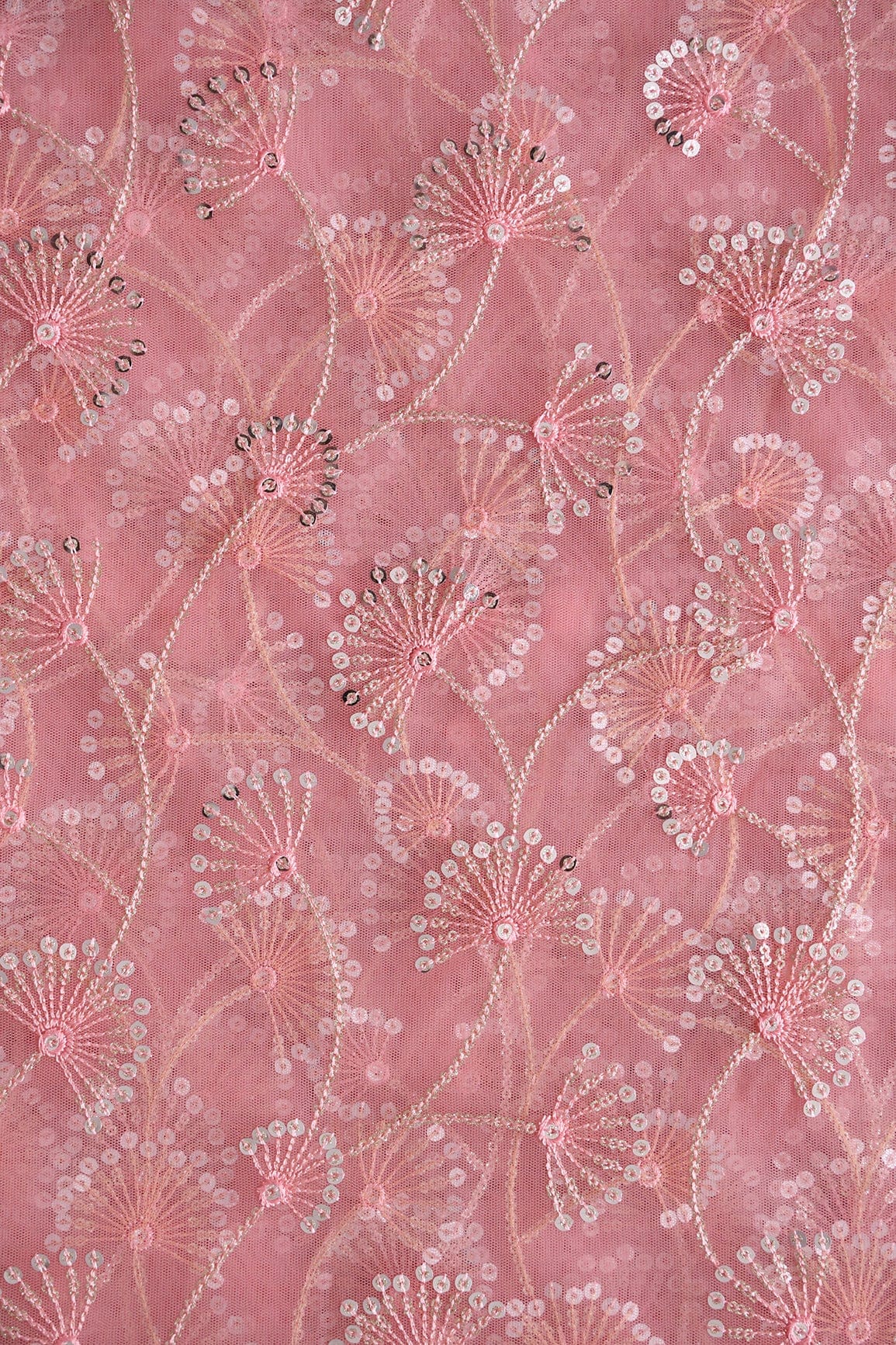 doeraa Embroidery Fabrics Pink Thread With Gold And Silver Sequins Floral Embroidery On Pink Soft Net Fabric