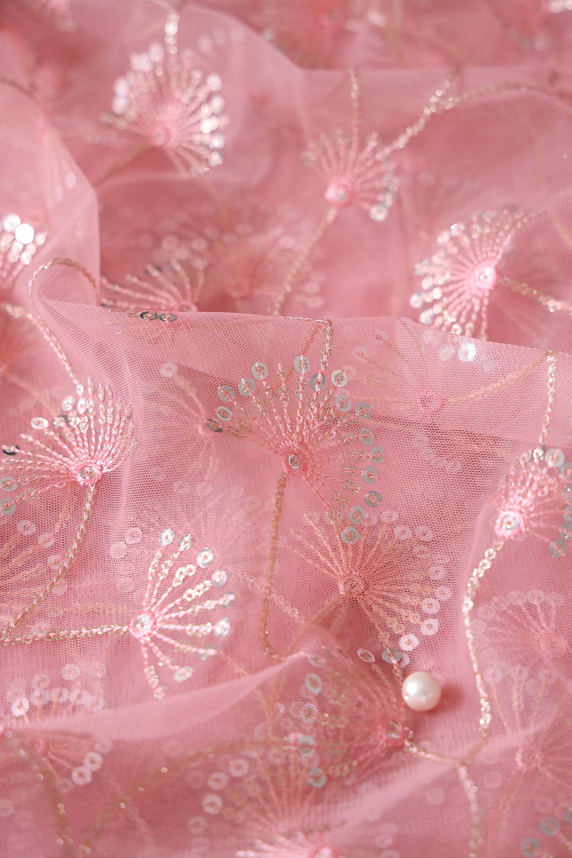 doeraa Embroidery Fabrics Pink Thread With Gold And Silver Sequins Floral Embroidery On Pink Soft Net Fabric
