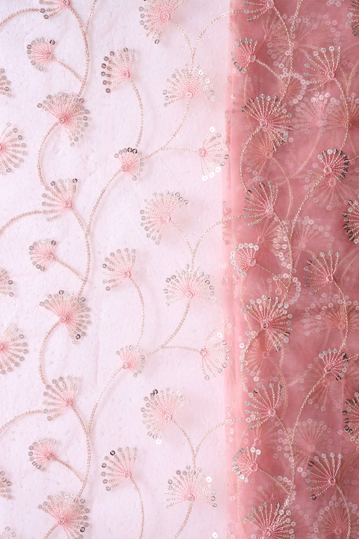 doeraa Embroidery Fabrics Pink Thread With Gold And Silver Sequins Floral Embroidery On Pink Soft Net Fabric