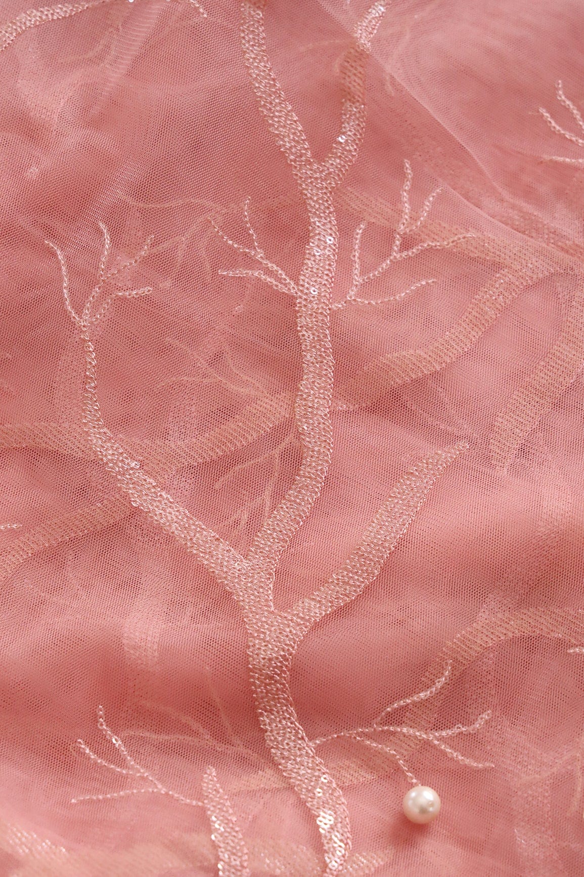 doeraa Embroidery Fabrics Pink Thread With Sequins Abstract Embroidery Work On Pink Soft Net Fabric