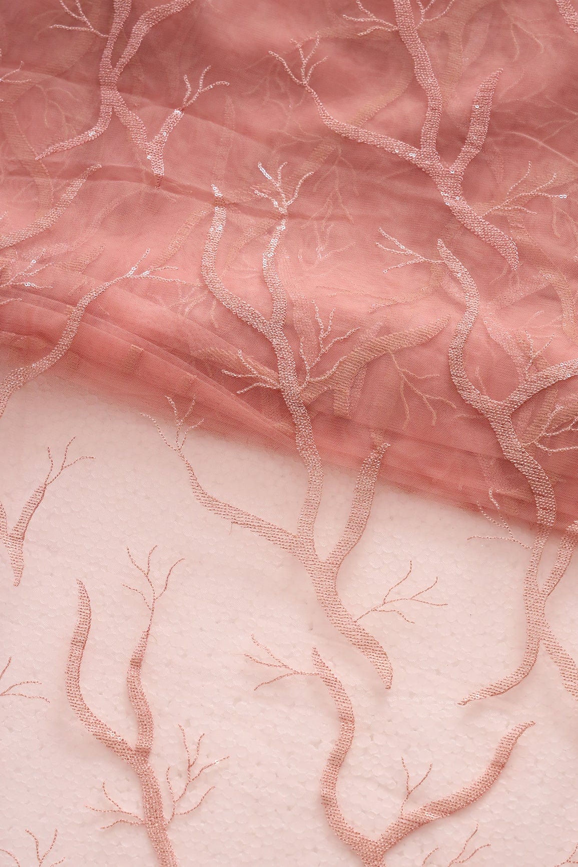 doeraa Embroidery Fabrics Pink Thread With Sequins Abstract Embroidery Work On Pink Soft Net Fabric