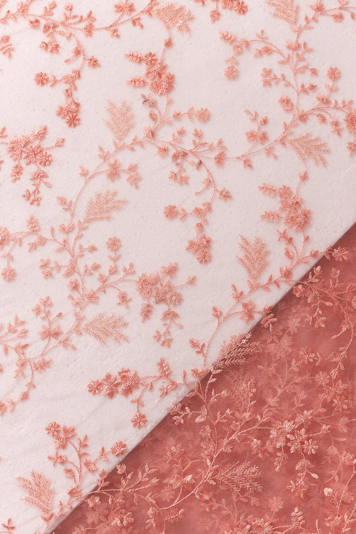 doeraa Embroidery Fabrics Pink Thread With Sequins Beautiful Floral Embroidery Work On Pink Soft Net Fabric