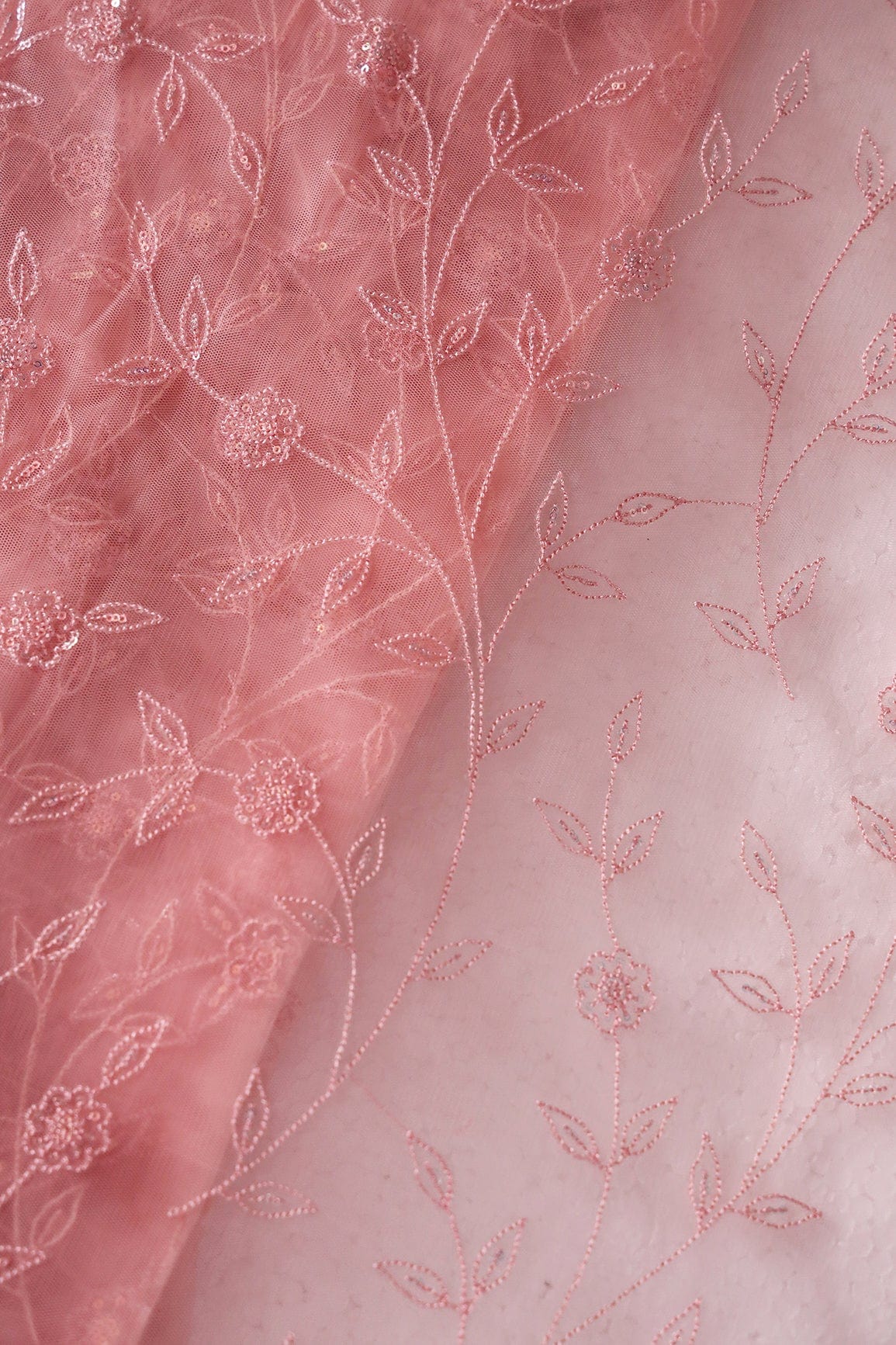 doeraa Embroidery Fabrics Pink Thread With Sequins Beautiful Leafy Floral Embroidery On Pink Soft Net Fabric