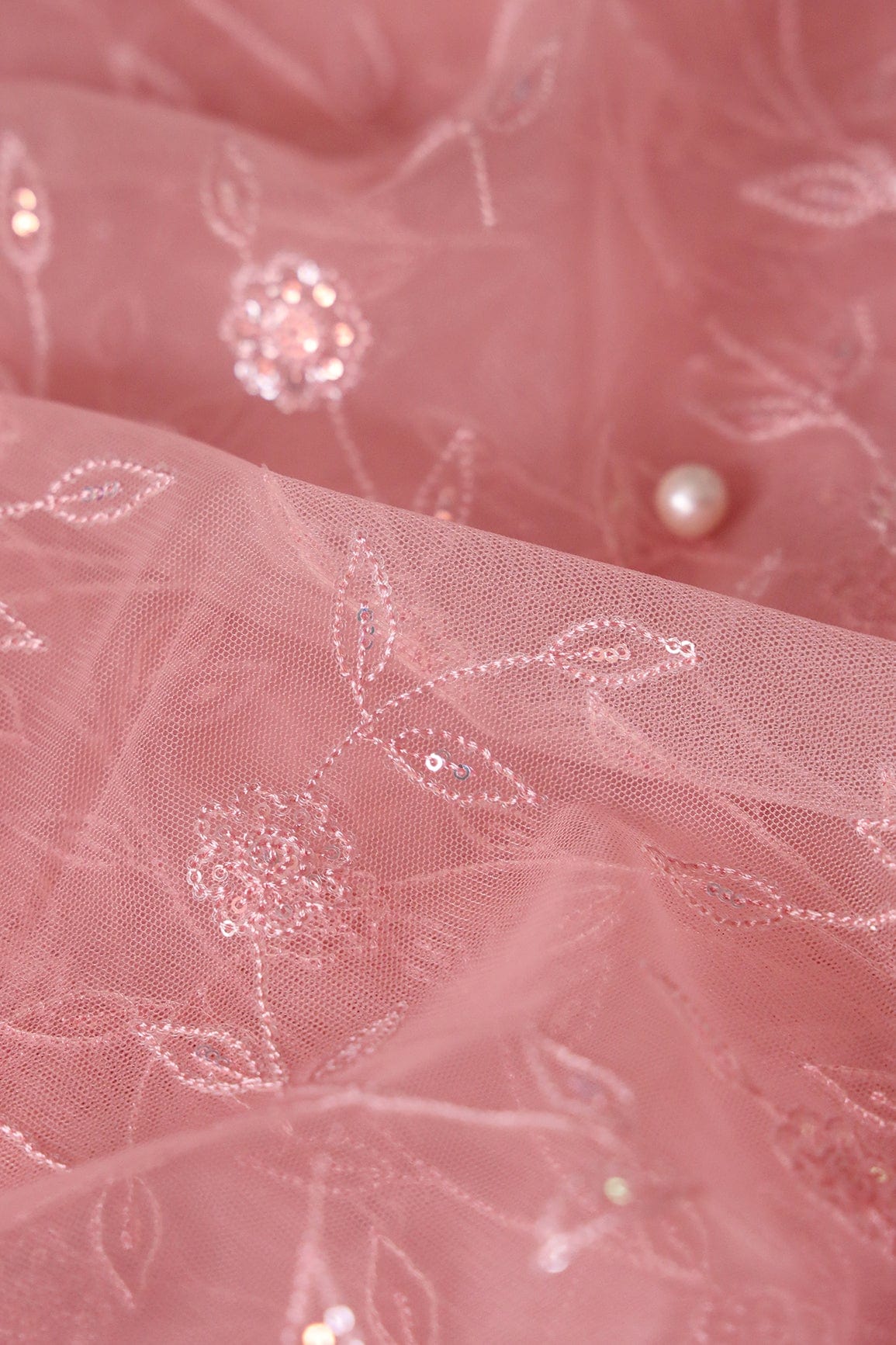doeraa Embroidery Fabrics Pink Thread With Sequins Beautiful Leafy Floral Embroidery On Pink Soft Net Fabric