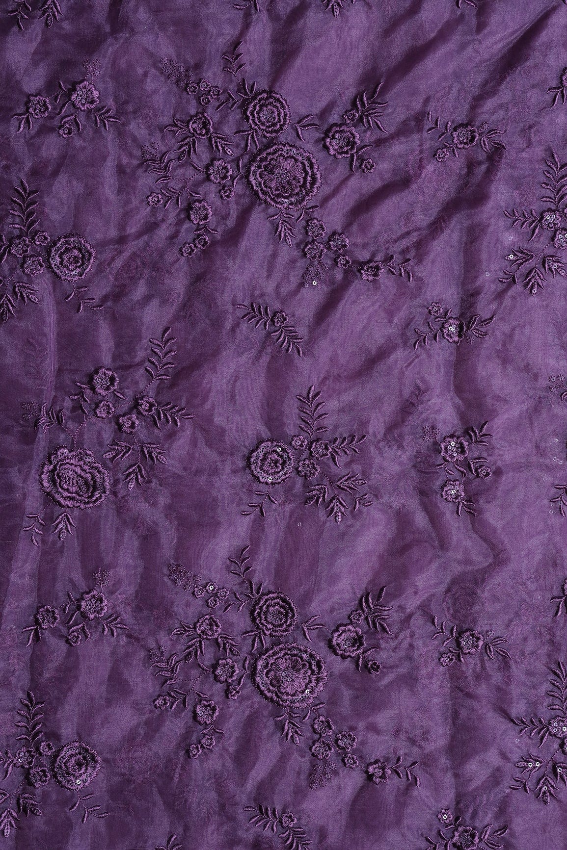 doeraa Embroidery Fabrics Purple Thread With Water Sequins Floral Embroidery Work On Purple Organza Fabric