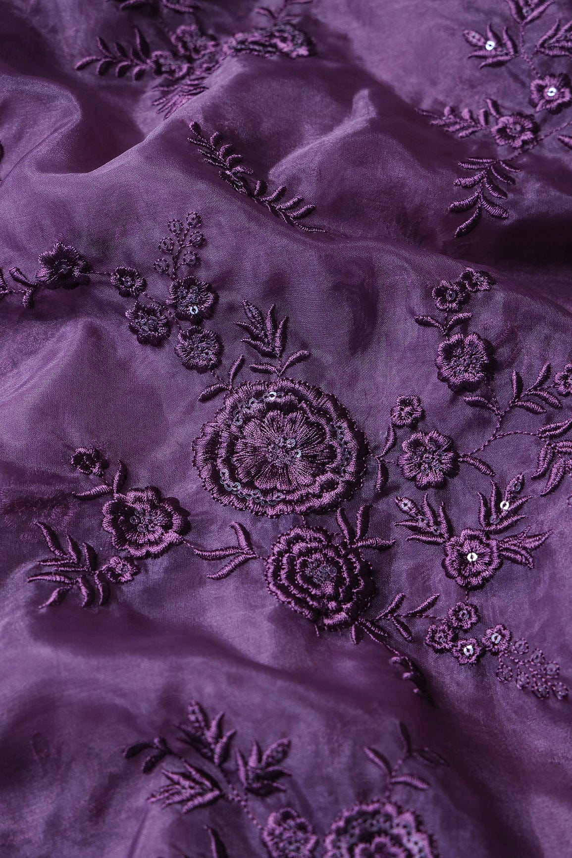 doeraa Embroidery Fabrics Purple Thread With Water Sequins Floral Embroidery Work On Purple Organza Fabric