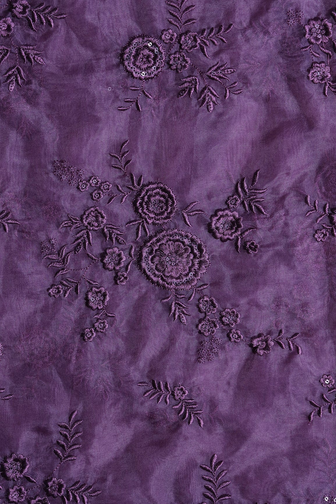 doeraa Embroidery Fabrics Purple Thread With Water Sequins Floral Embroidery Work On Purple Organza Fabric