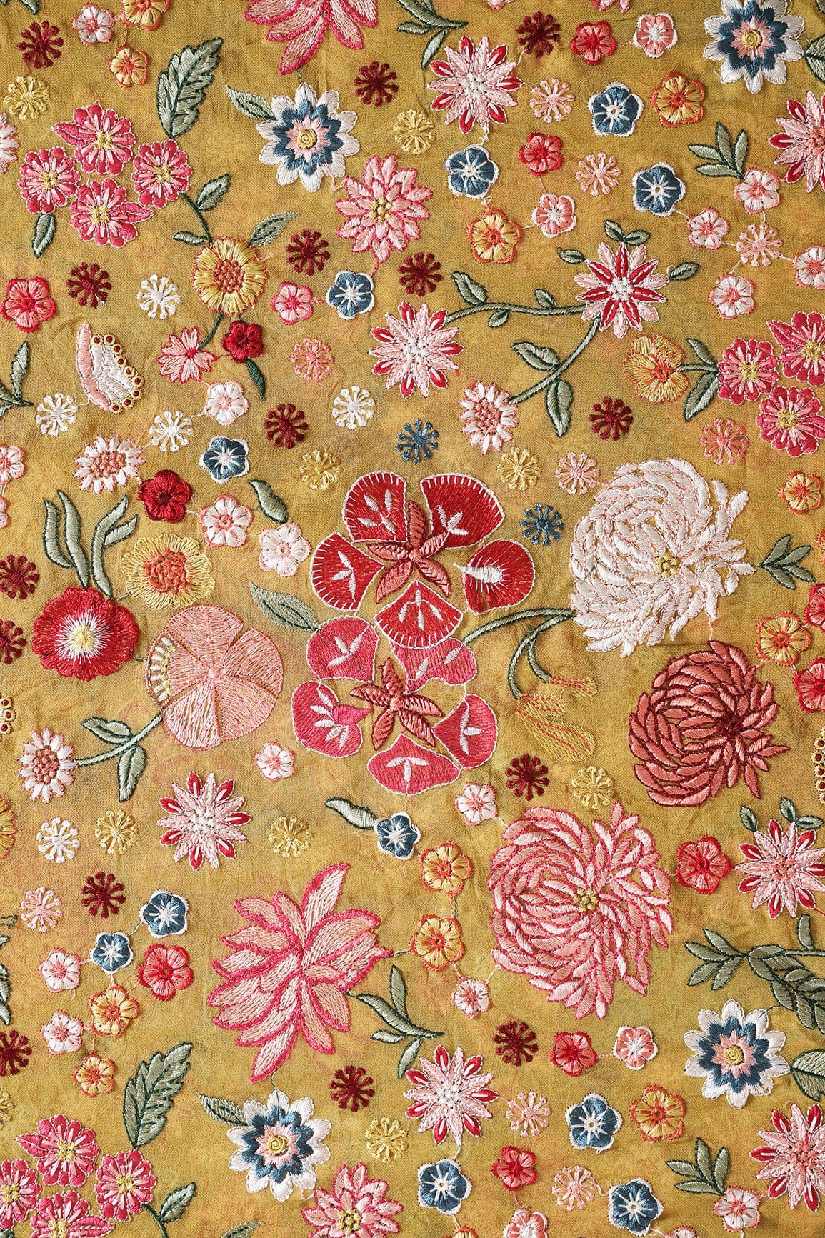 doeraa Embroidery Fabrics Ravishing Multi Color Floral Designer Embroidery On Mustard Viscose Georgette Fabric