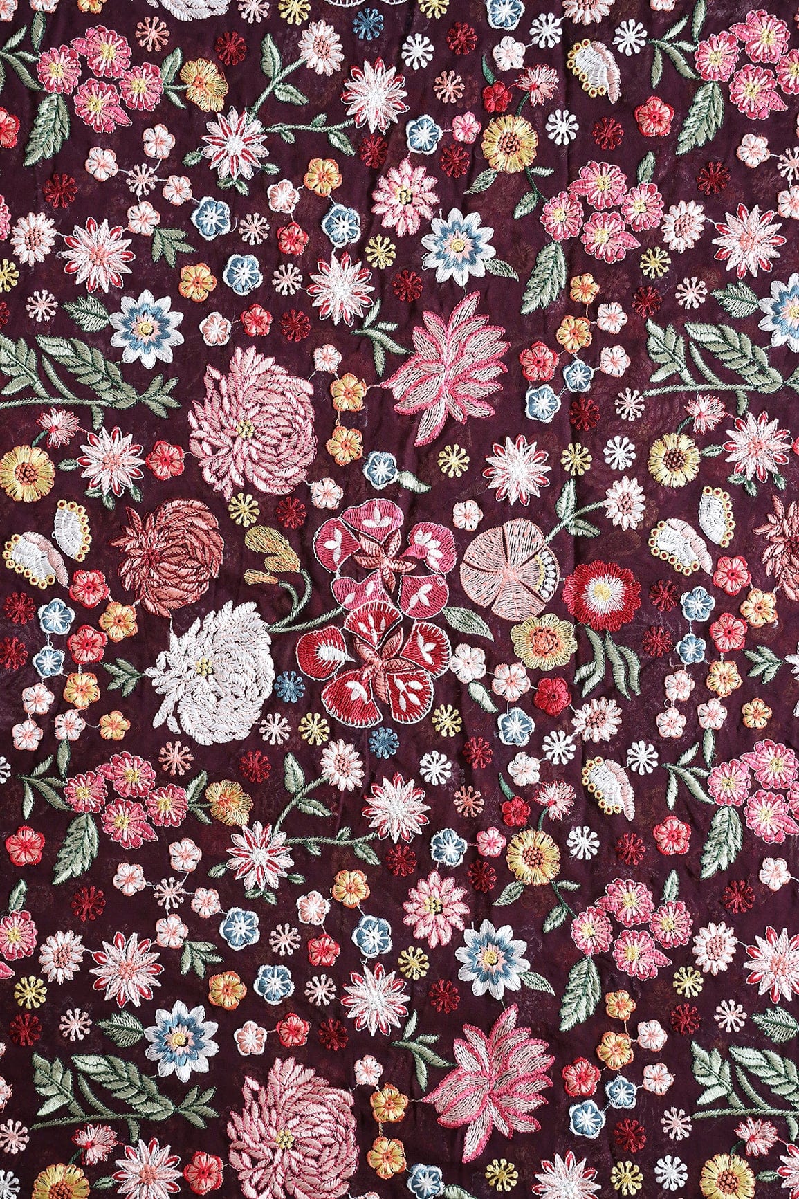 doeraa Embroidery Fabrics Ravishing Multi Color Floral Designer Embroidery On Wine Viscose Georgette Fabric