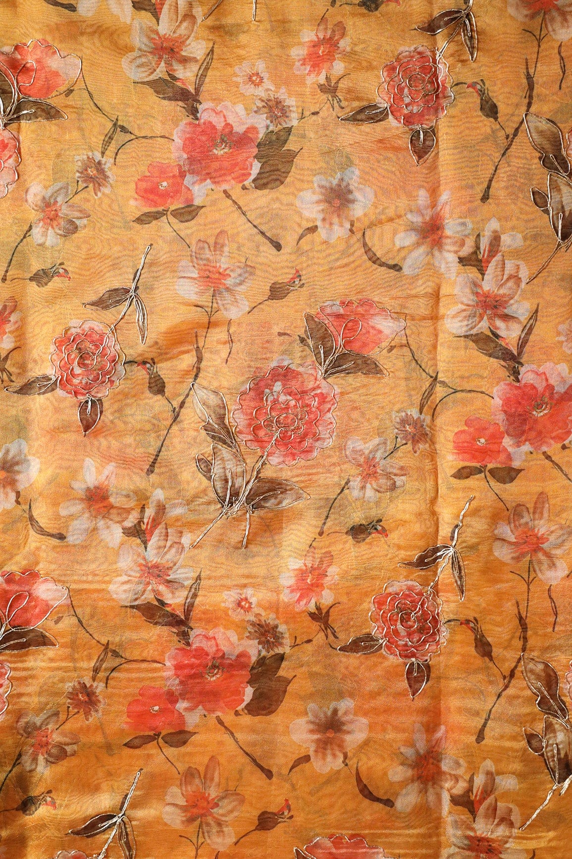 doeraa Embroidery Fabrics Red And Brown Floral Digital Print With Gold Zari Work On Mustard Yellow Organza Fabric