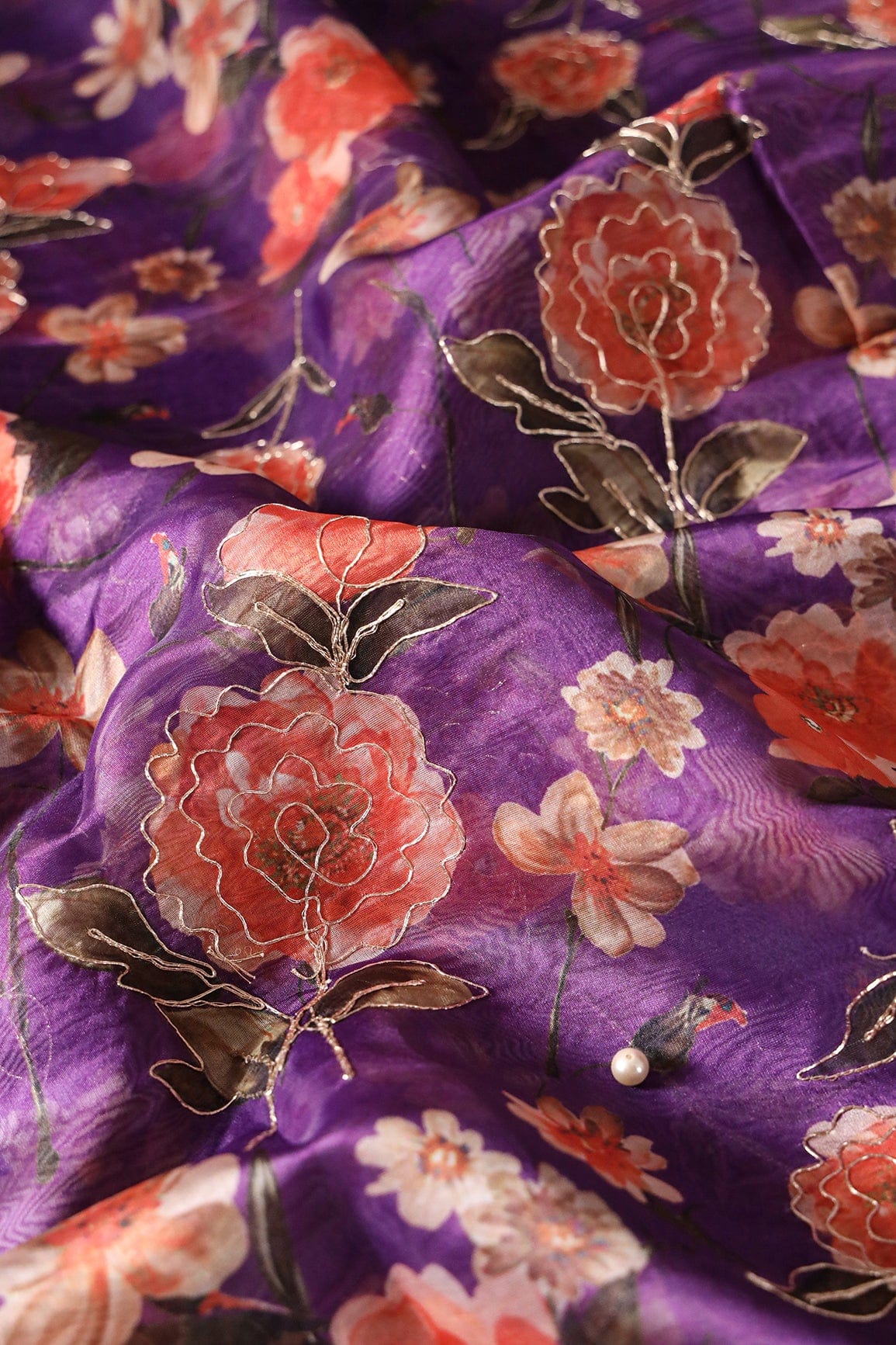 doeraa Embroidery Fabrics Red And Brown Floral Digital Print With Gold Zari Work On Purple Organza Fabric