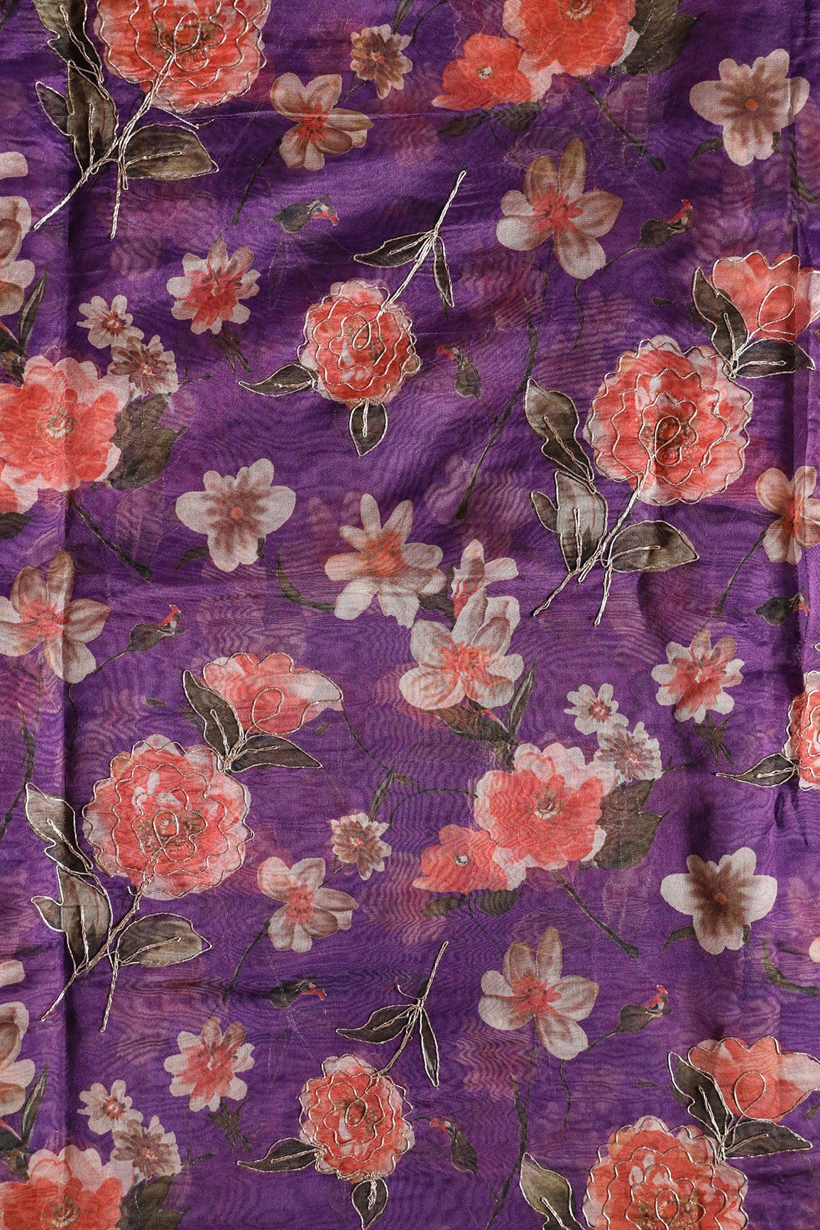 doeraa Embroidery Fabrics Red And Brown Floral Digital Print With Gold Zari Work On Purple Organza Fabric