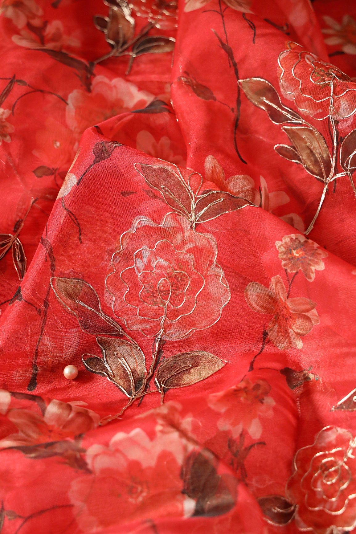 doeraa Embroidery Fabrics Red And Brown Floral Digital Print With Gold Zari Work On Red Organza Fabric
