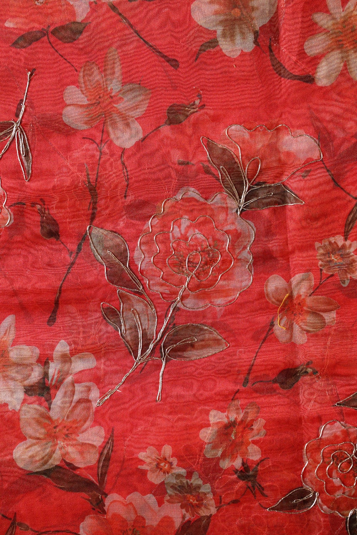 doeraa Embroidery Fabrics Red And Brown Floral Digital Print With Gold Zari Work On Red Organza Fabric