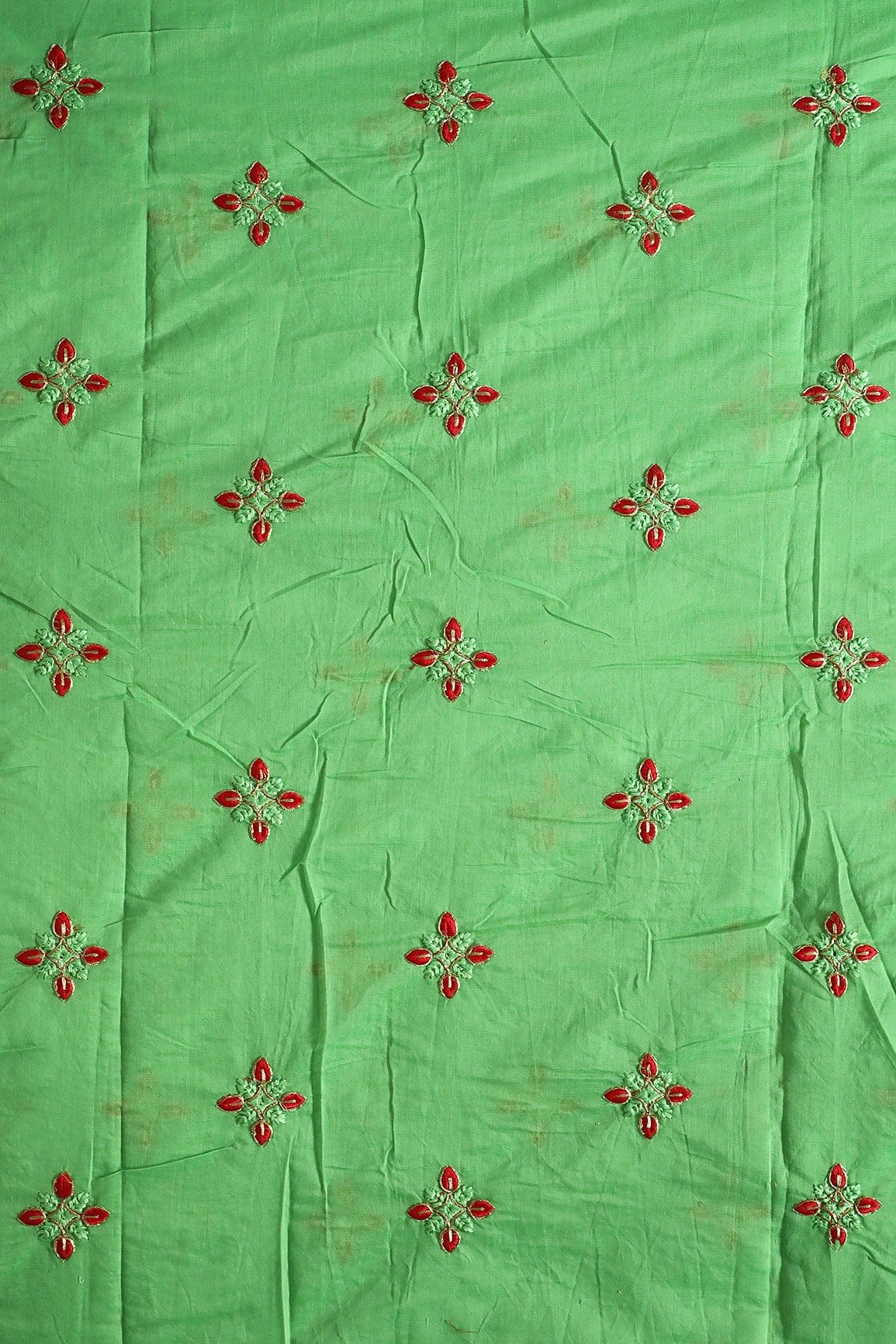 doeraa Embroidery Fabrics Red And Green Thread With Gold Zari Embroidery Work On Green Chanderi Fabric