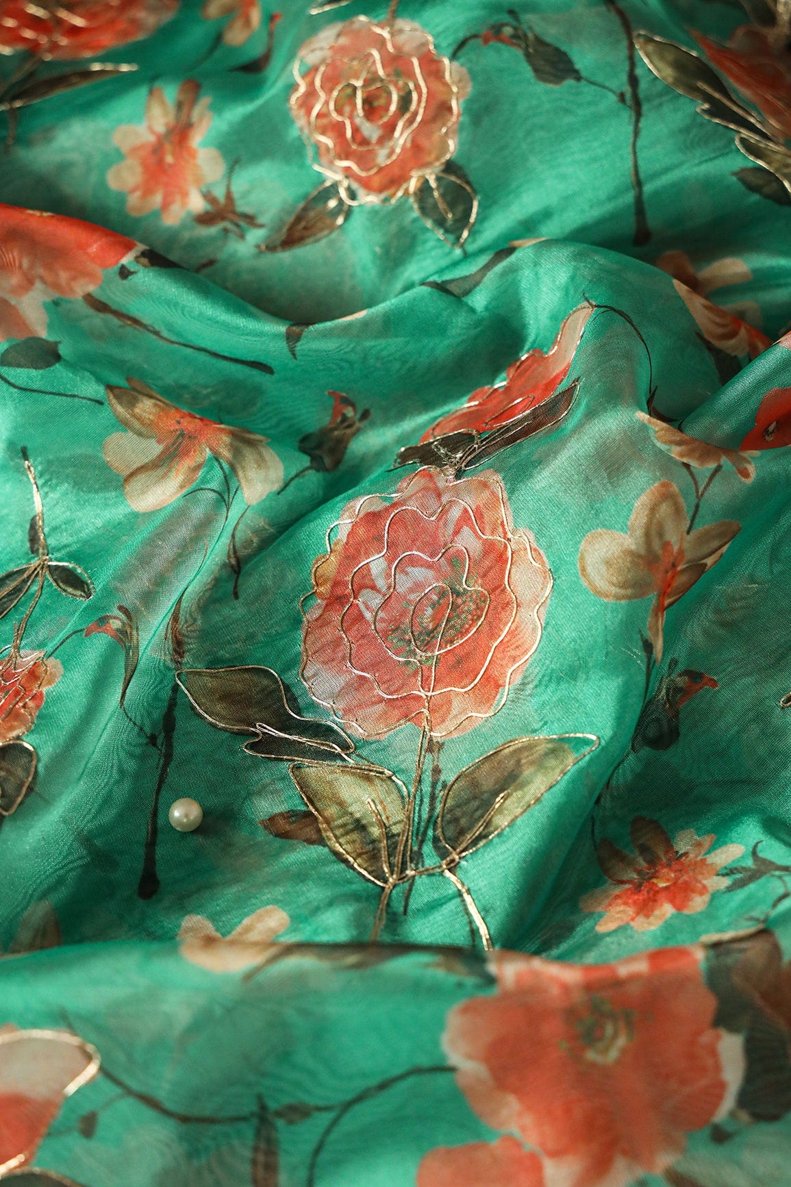 doeraa Embroidery Fabrics Red And Olive Floral Digital Print With Gold Zari Work On Turquoise Green Organza Fabric