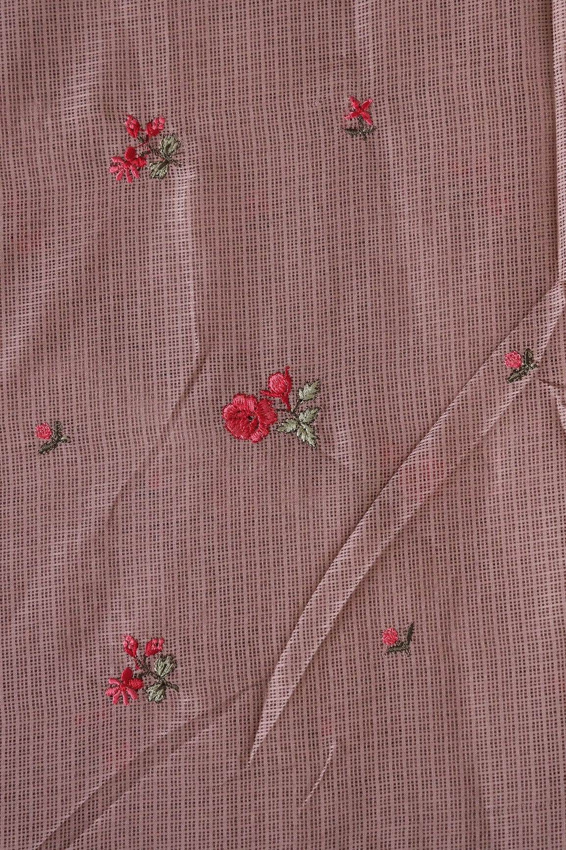 doeraa Embroidery Fabrics Red And Olive Thread Beautiful Small Floral Booti Embroidery Work On Brown Kota Doria Net Fabric
