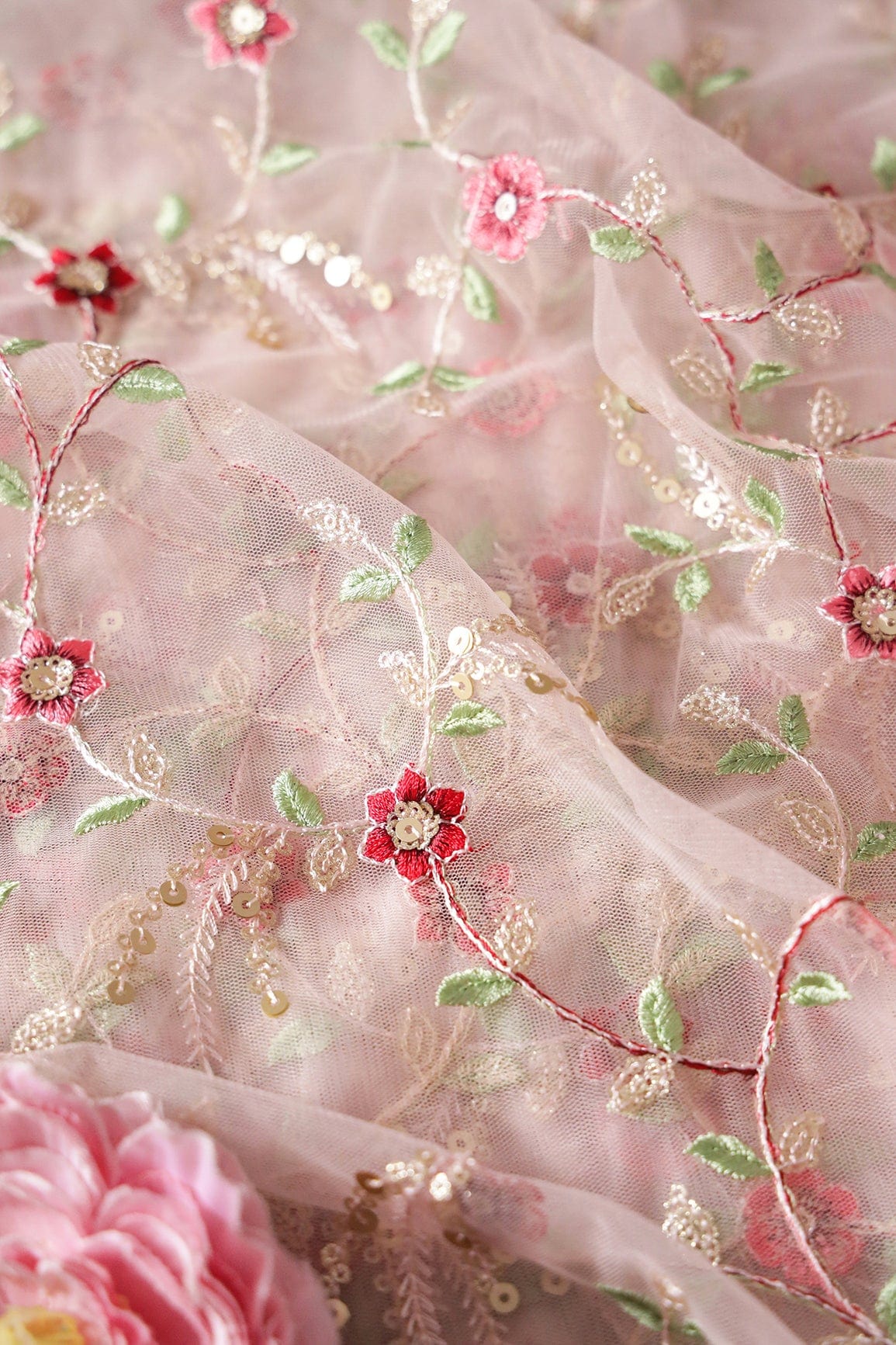 doeraa Embroidery Fabrics Red And Olive Thread With Gold Sequins Small Floral Embroidery On Baby Pink Soft Net Fabric