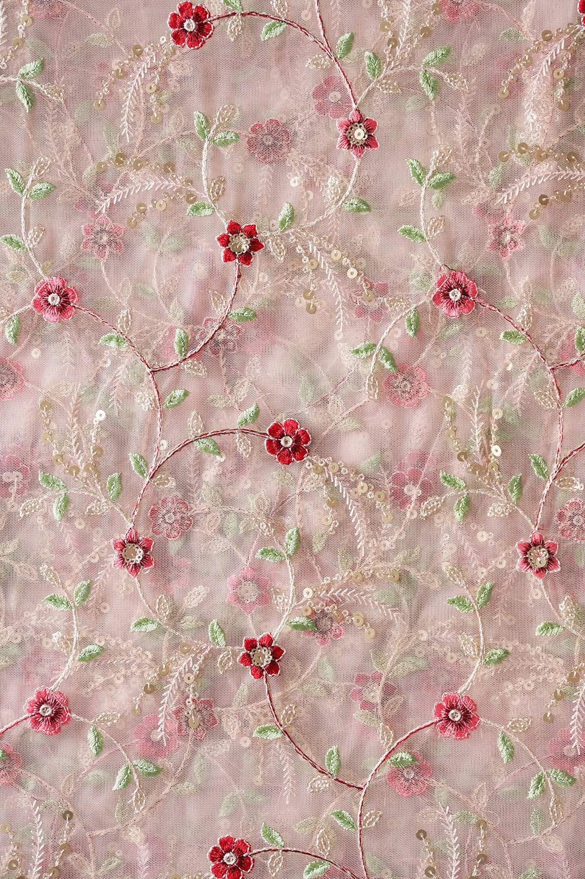 doeraa Embroidery Fabrics Red And Olive Thread With Gold Sequins Small Floral Embroidery On Baby Pink Soft Net Fabric