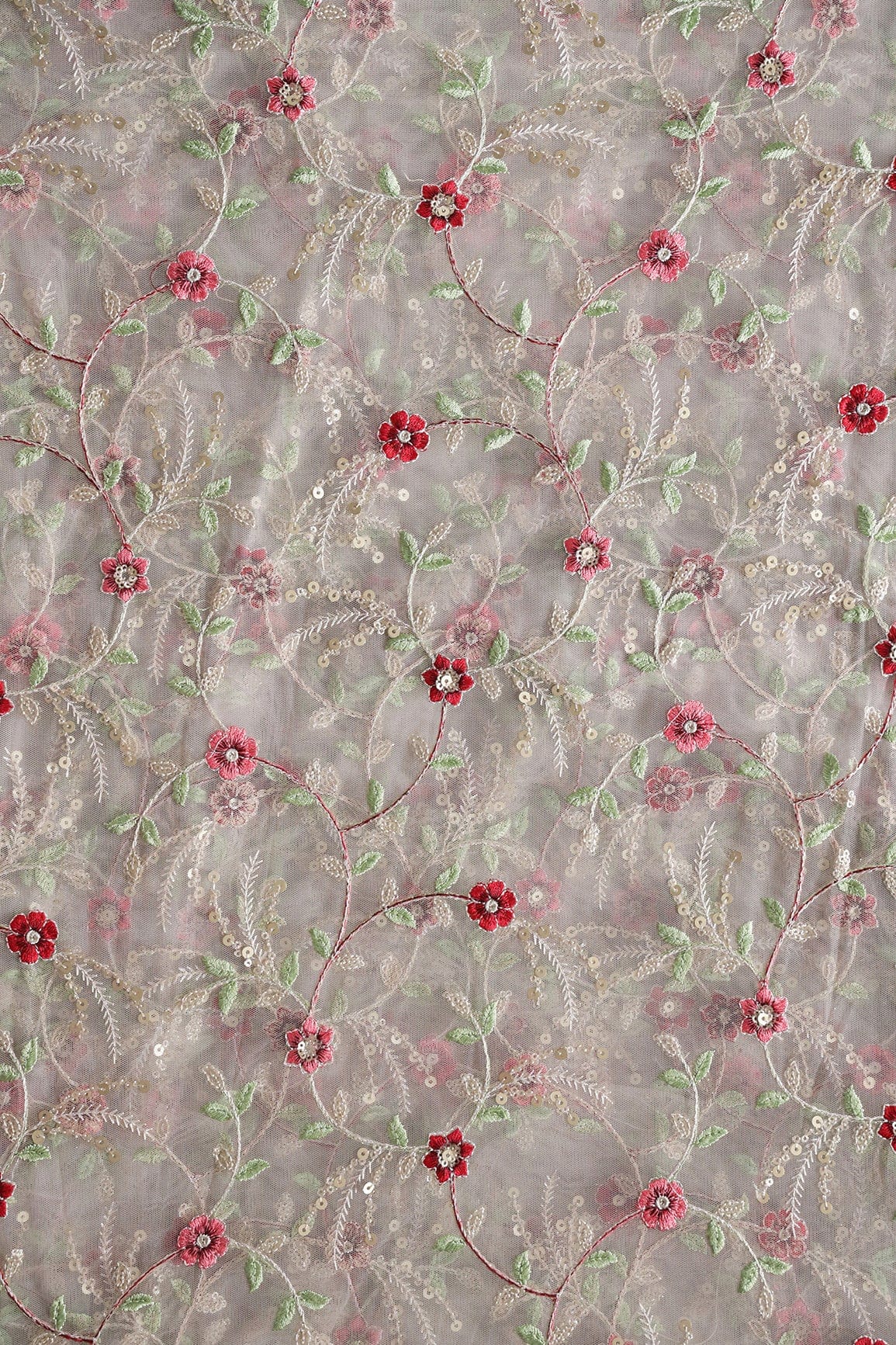 doeraa Embroidery Fabrics Red And Olive Thread With Gold Sequins Small Floral Embroidery On Light Grey Soft Net Fabric