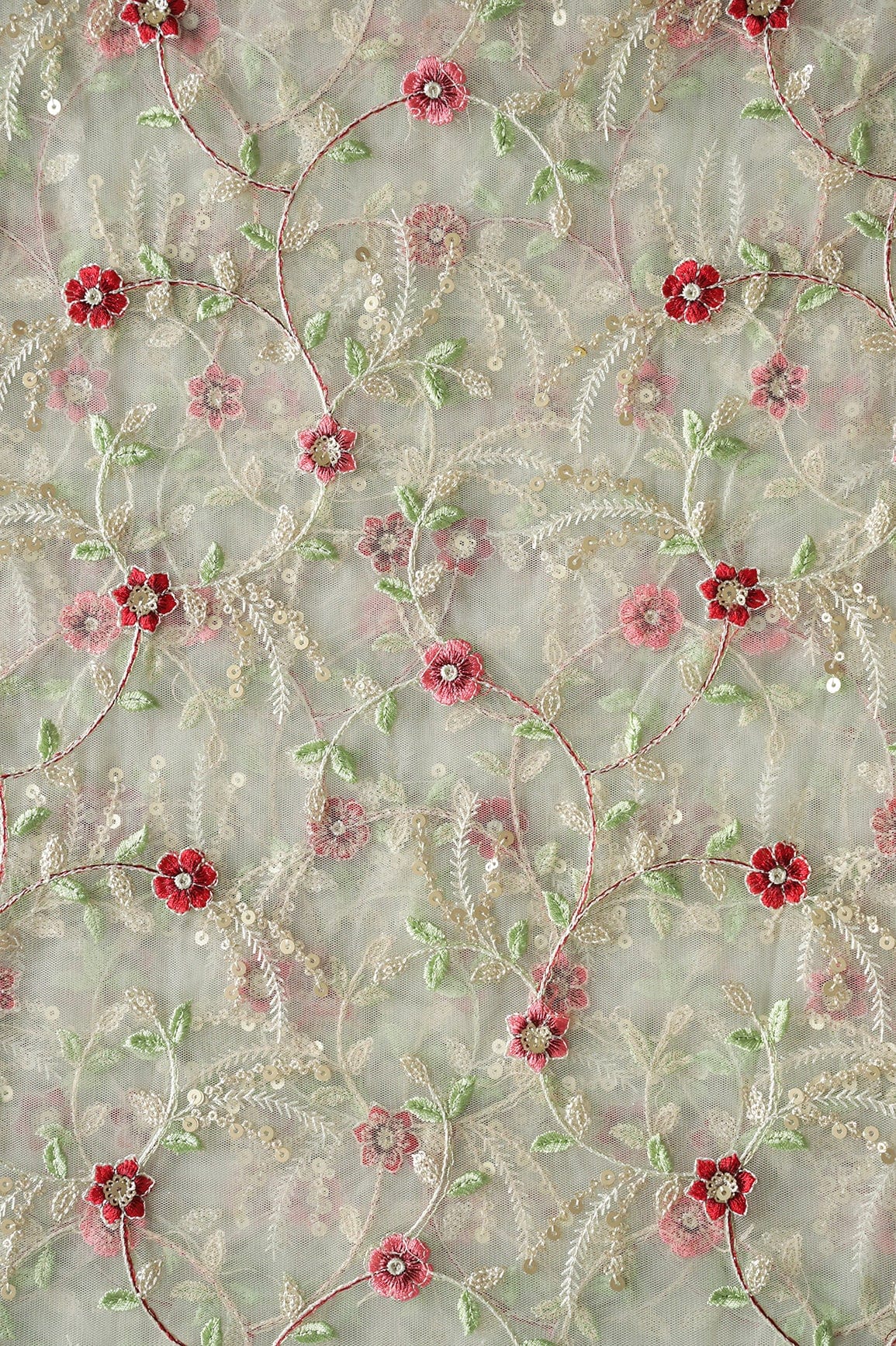 doeraa Embroidery Fabrics Red And Olive Thread With Gold Sequins Small Floral Embroidery On Pastel Olive Soft Net Fabric